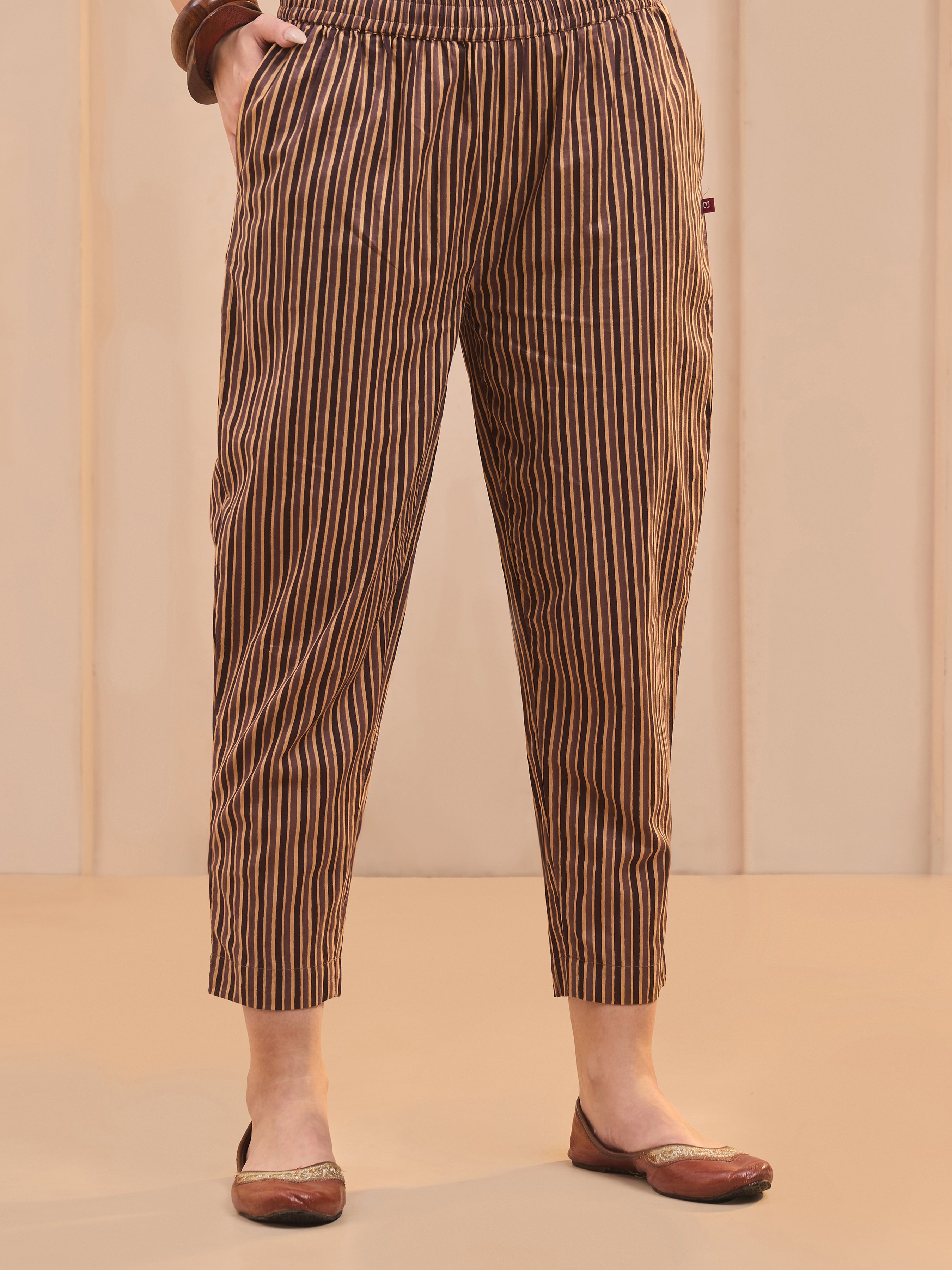 Brown Cotton Katha Printed Kurti & Bottom Set With Sequins Work