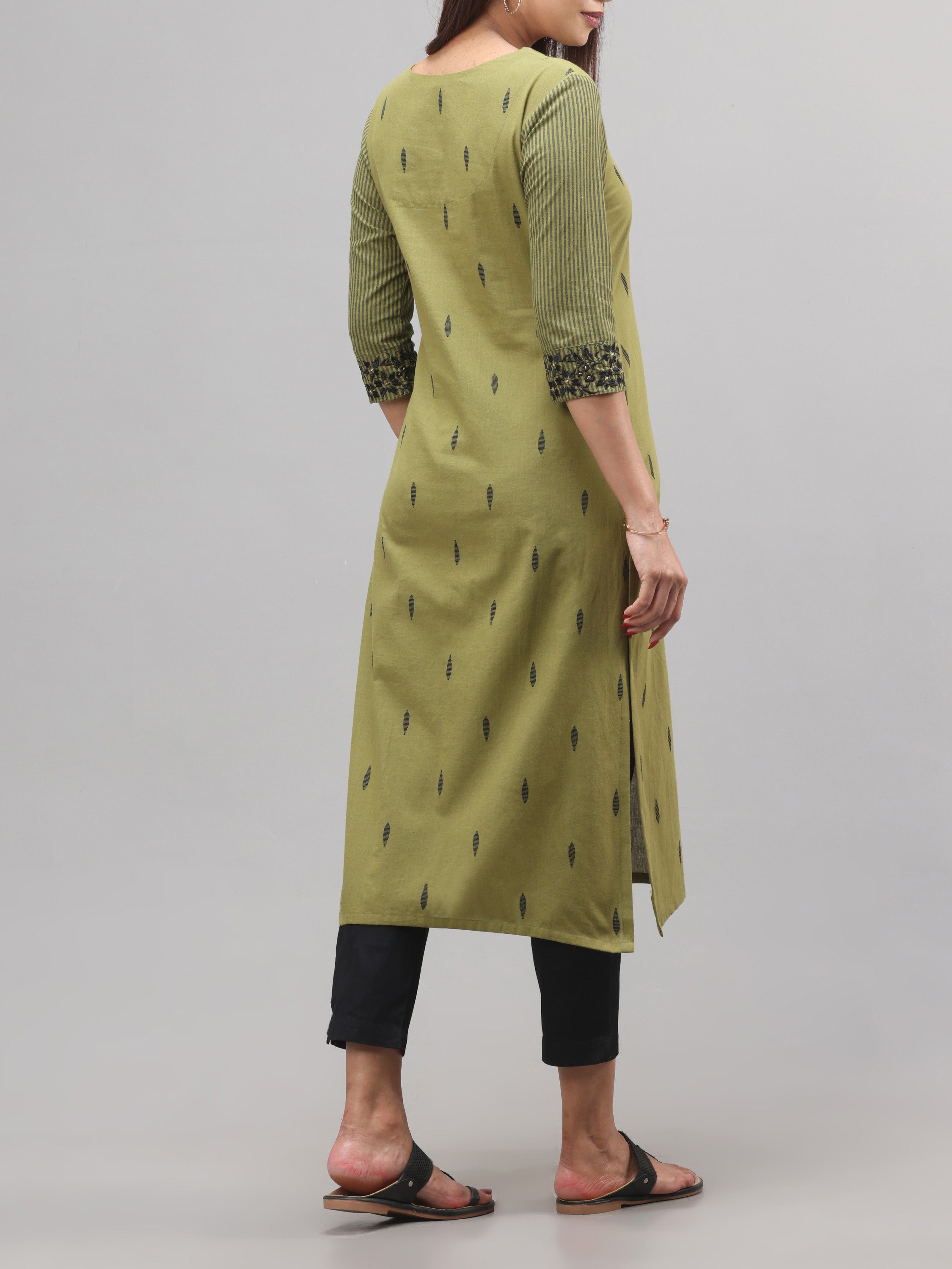 Olive Green Cotton Dobby Kurti With Print