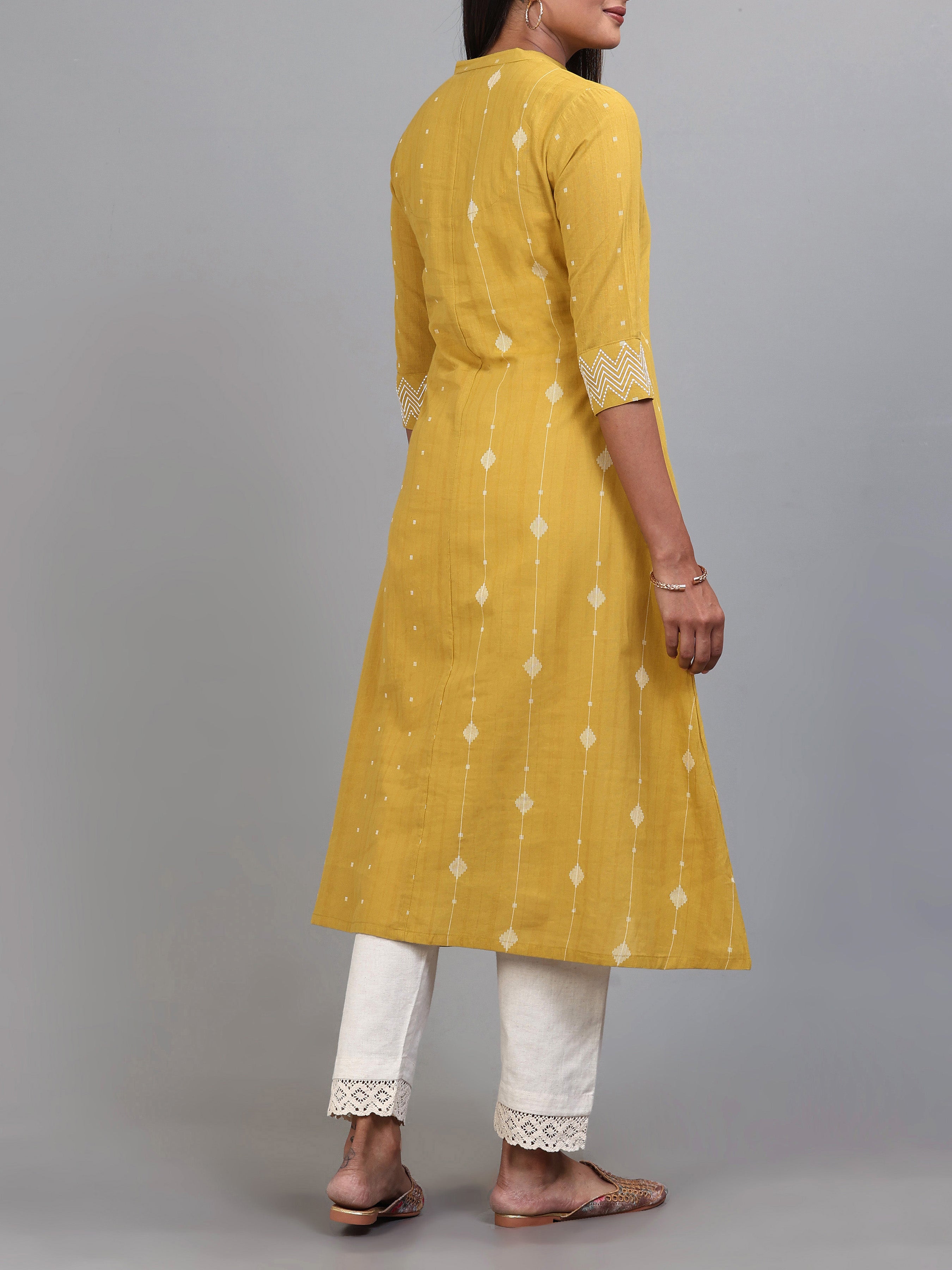 Pale Yellow Cotton Dobby Kurti With Embroidery