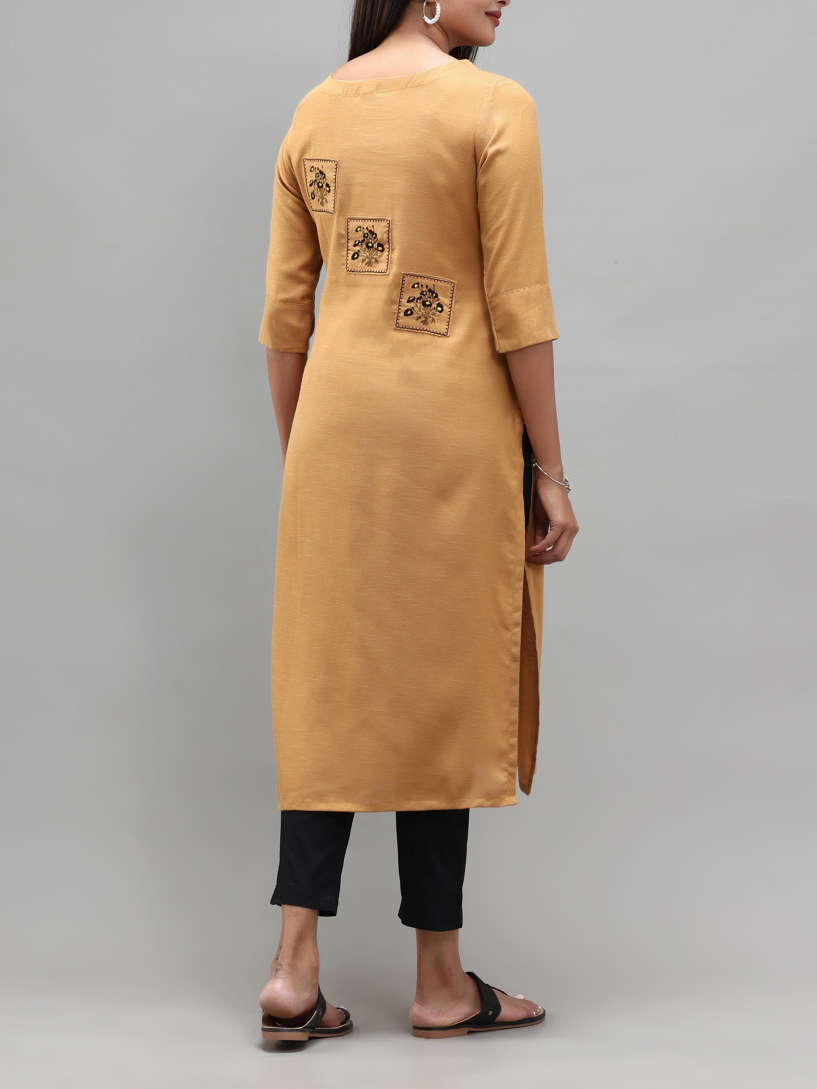 Mustard Yellow Viscose Plain Kurti With Embroidery