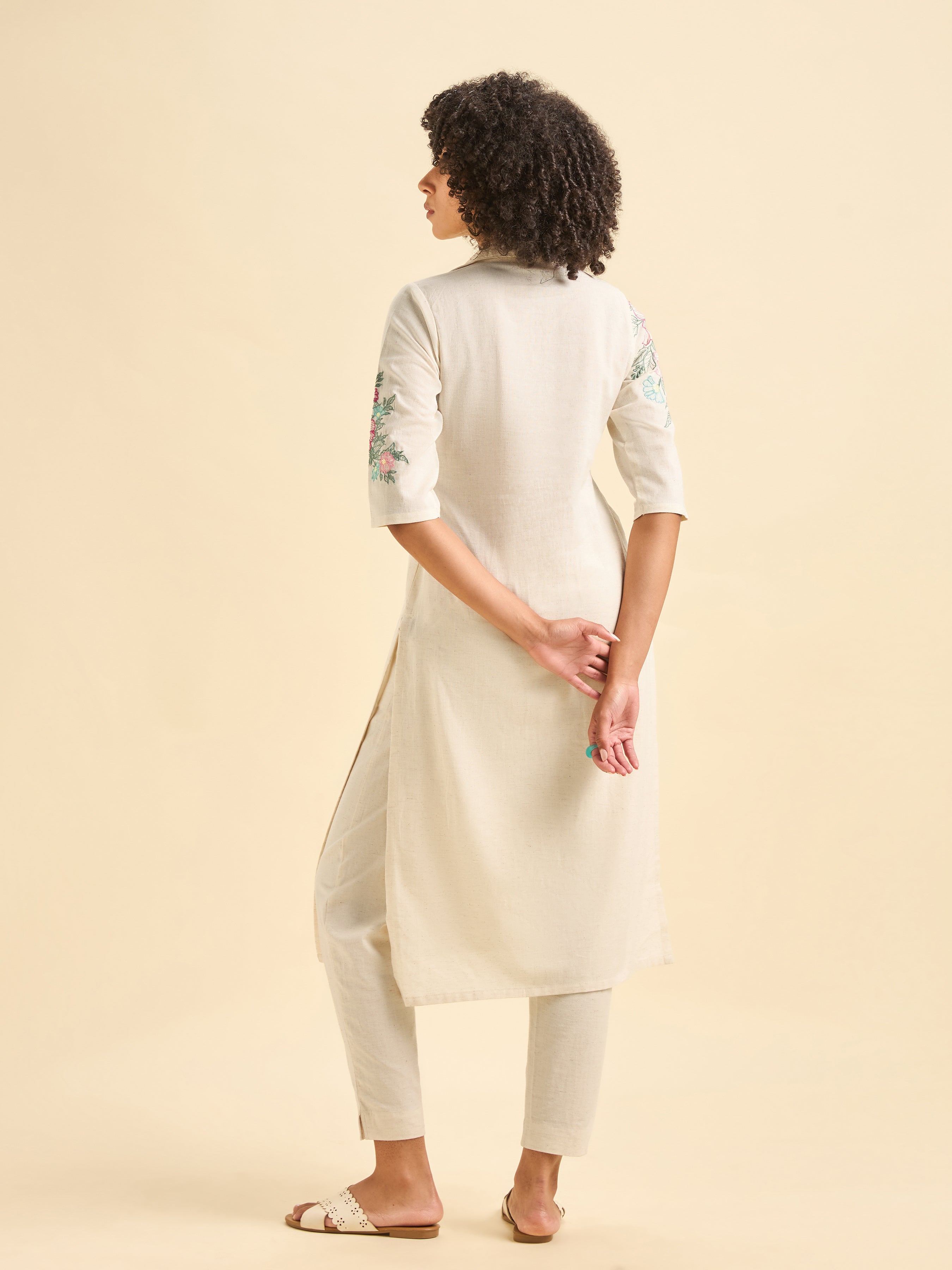 Ivory Cotton Flax Plain Slited Kurti With Embroidery
