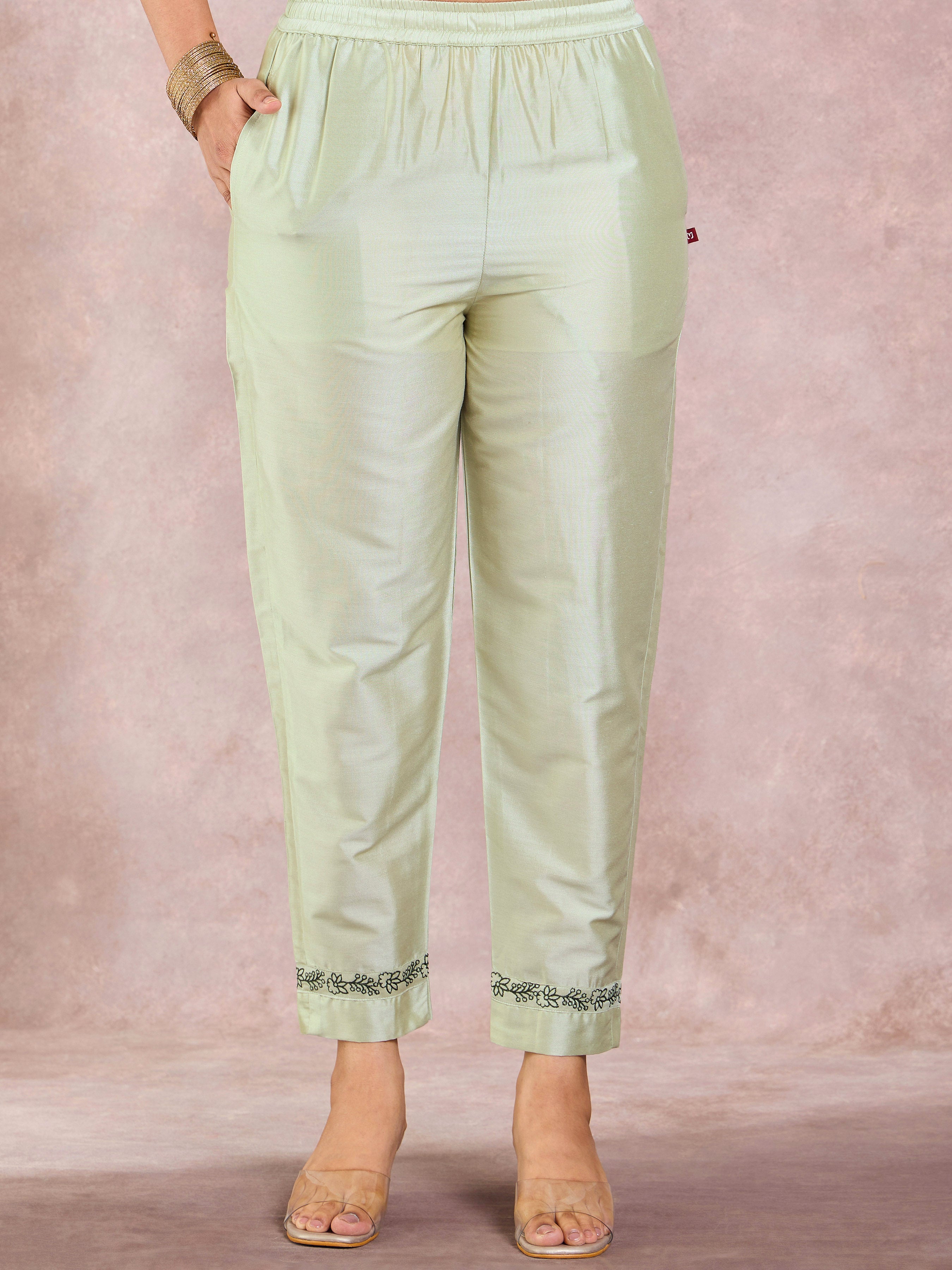 Pista Green Viscose Linen Printed Kurti & Bottom With Hand Work