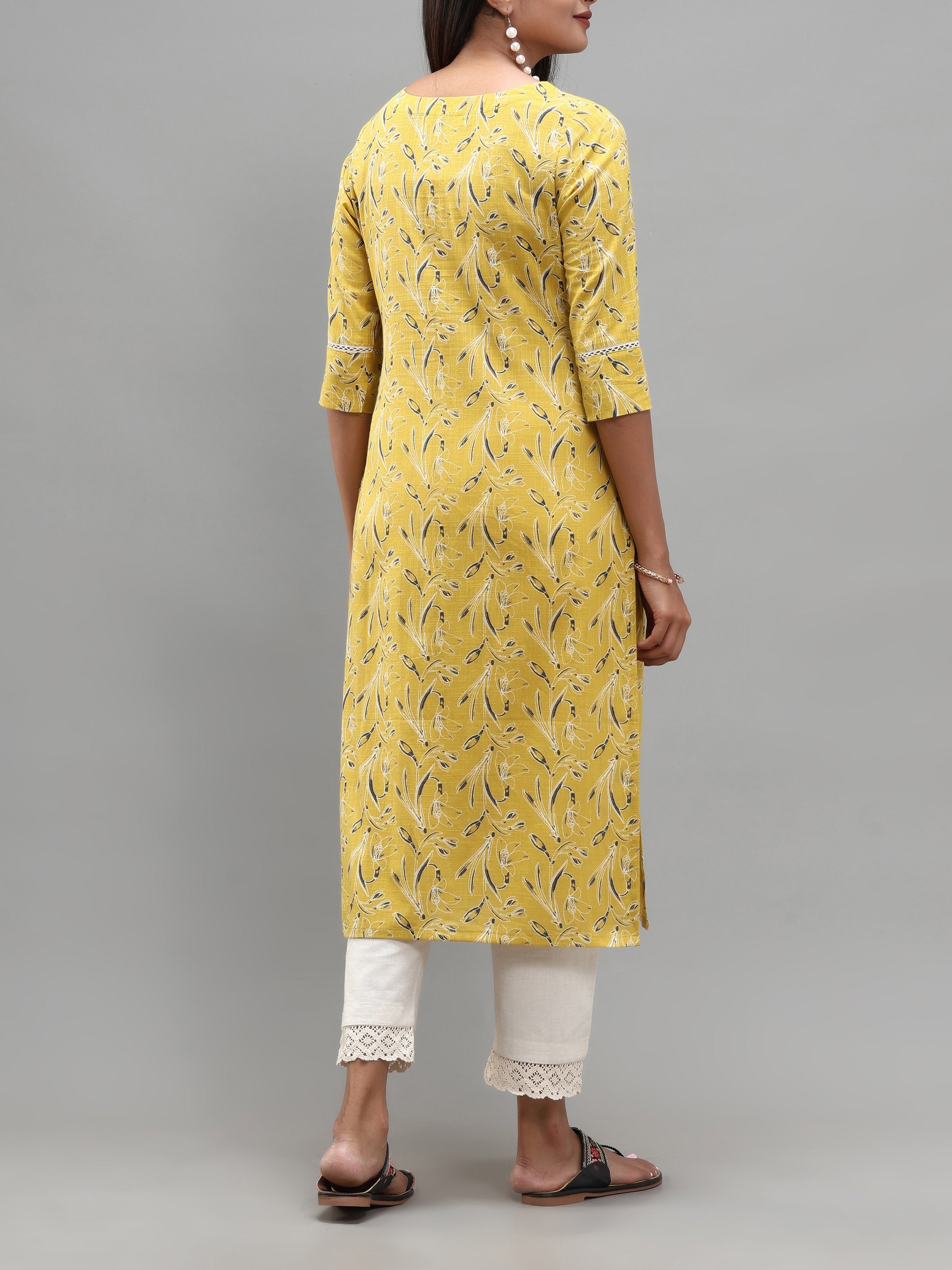 Lemon Yellow Cotton Slub Printed Kurti With Lace Detailing