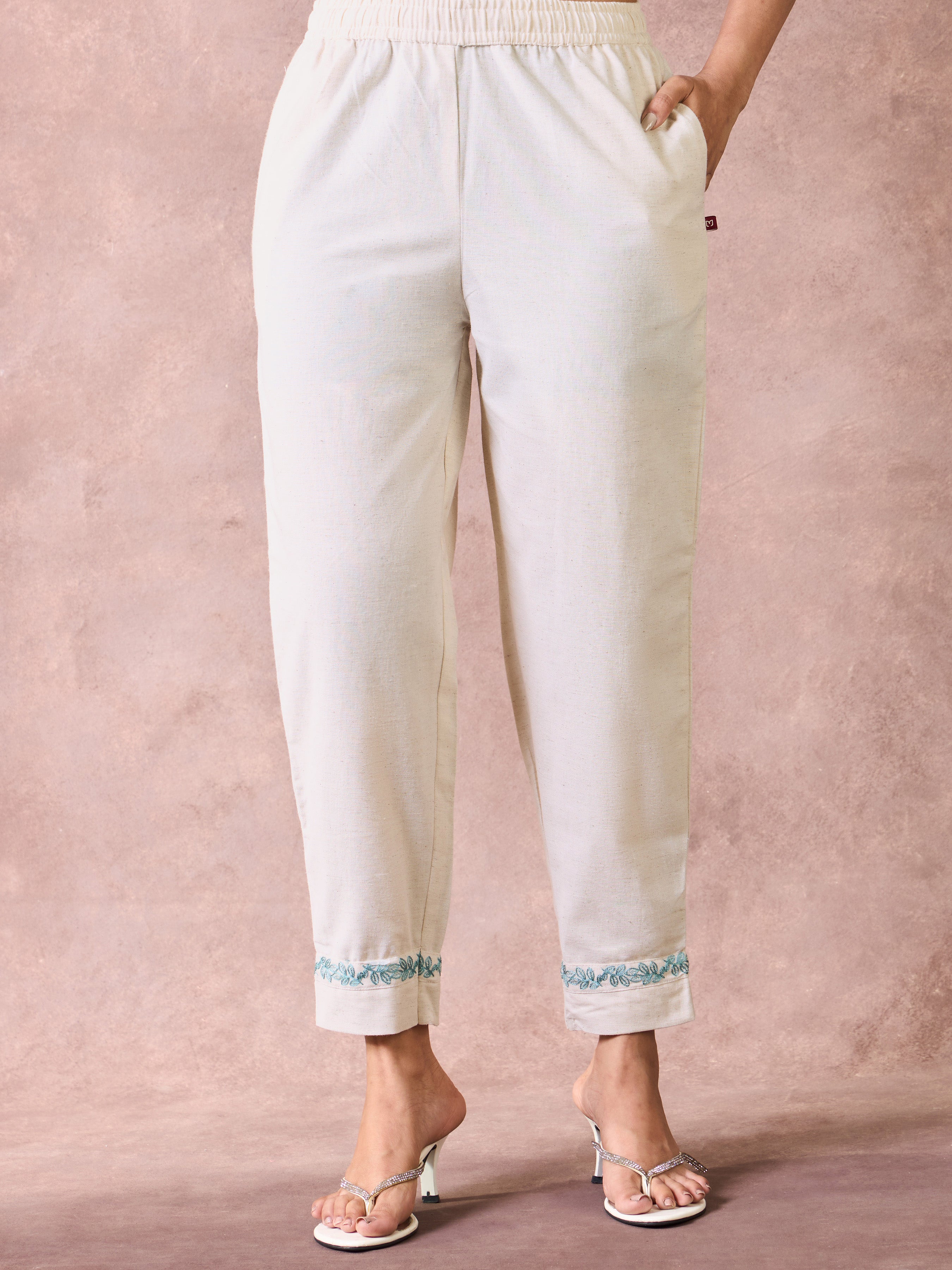 Teal Blue Viscose Linen Kurti & Bottom With Embroidery