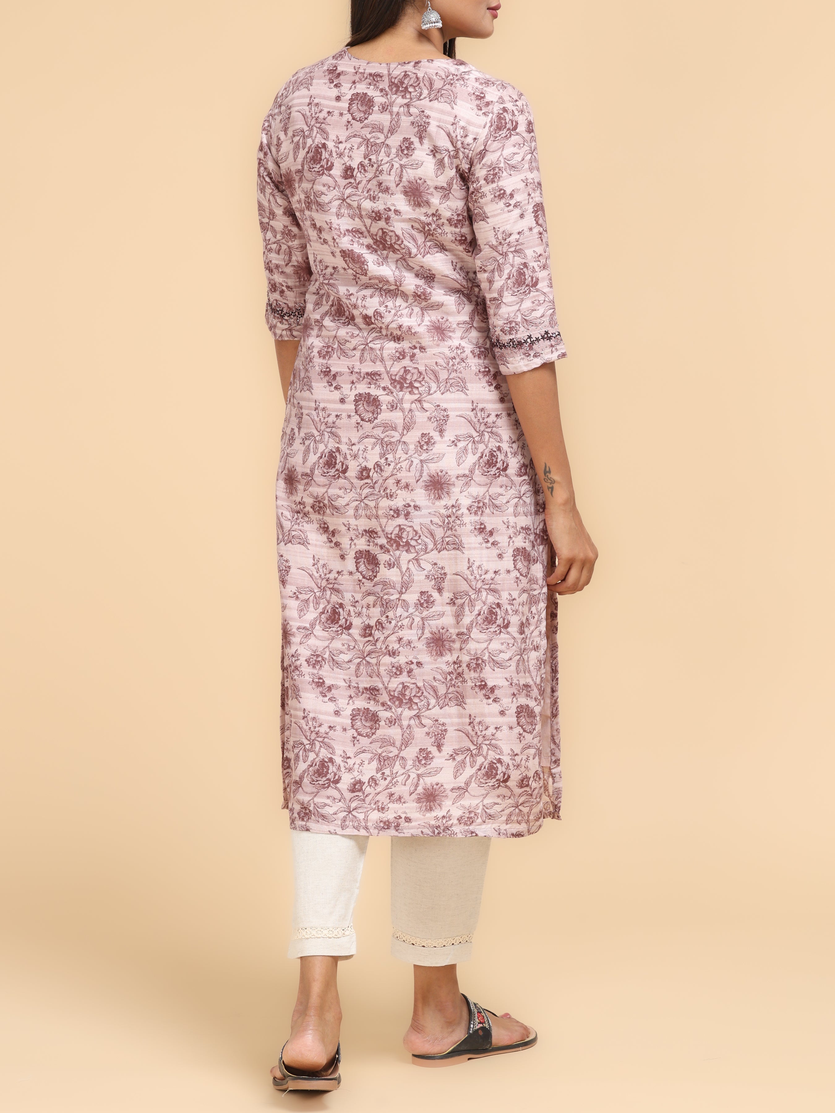 Brown Viscose Linen Printed Kurti With Embroidery