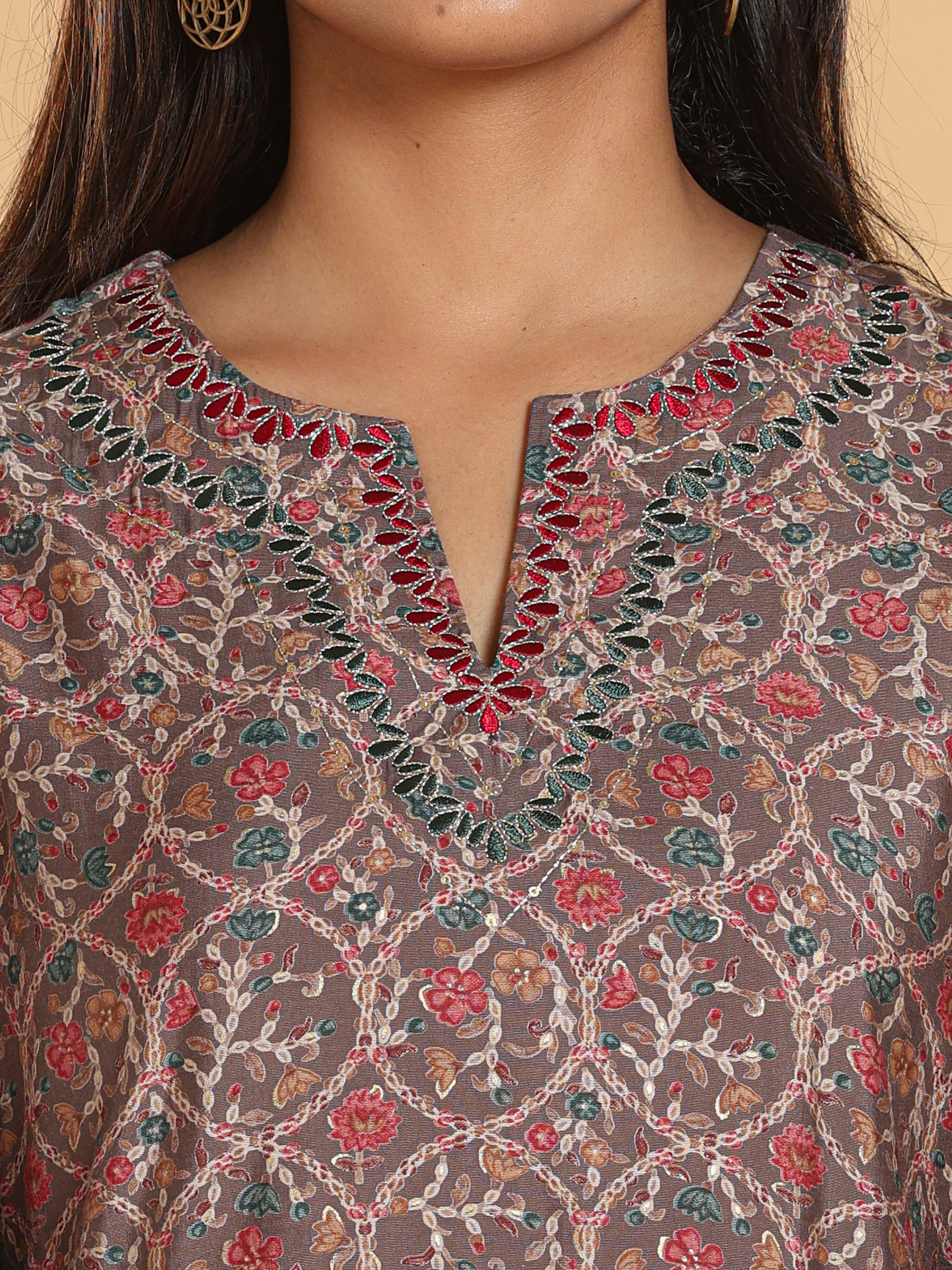 Multi-Color Modal Chanderi Printed Kurti With Embroidery