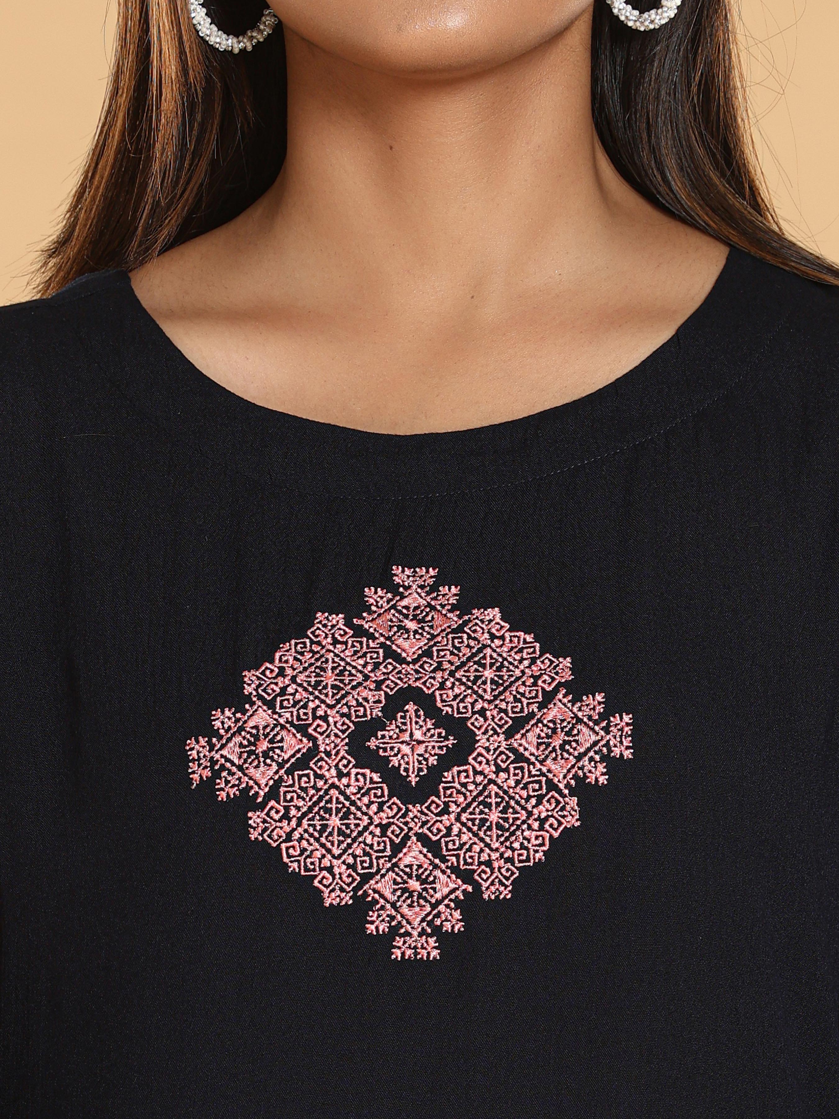 Women Wearing Dark Navy Blue Wrinkle Viscose Kurti With Embroidery