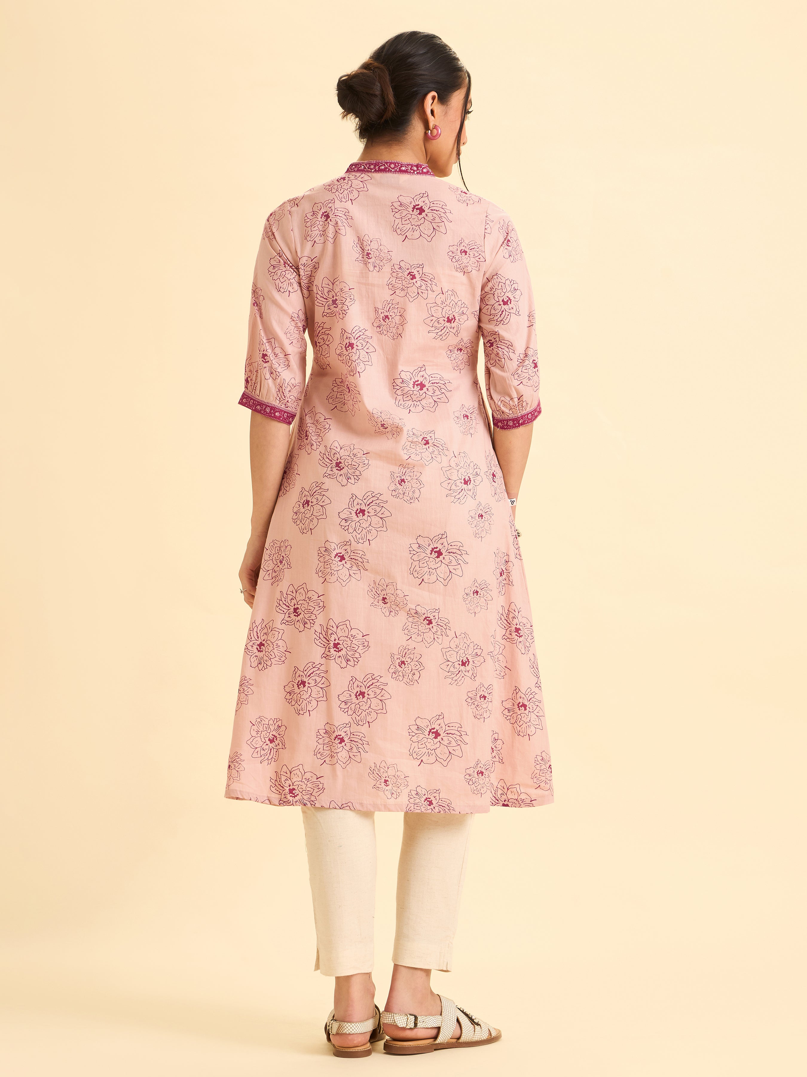 Blush Pink Pure Cotton Printe Kurti With Embroidery And Sequins Work