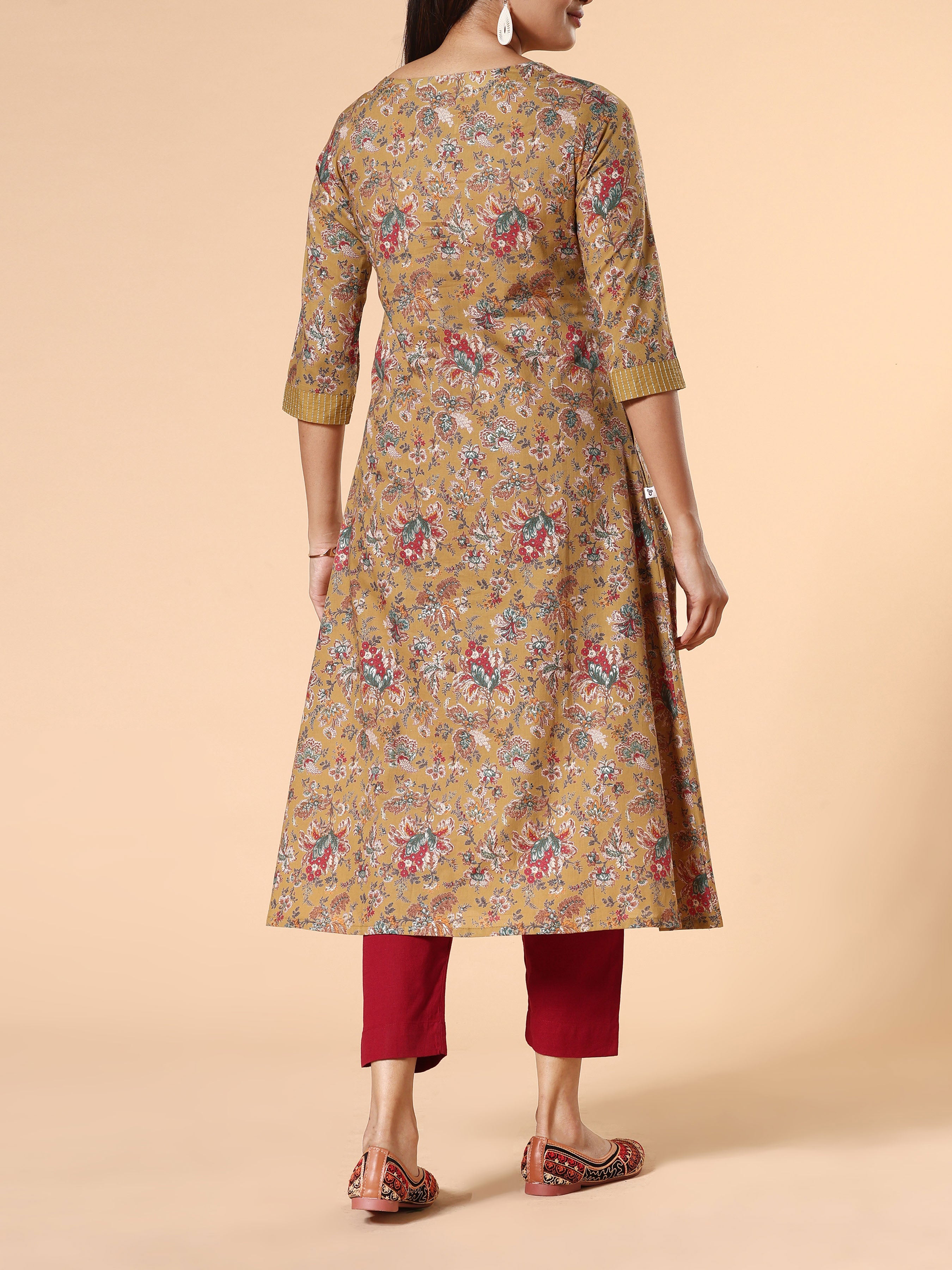 Olive Green Pure Cotton Printed Kurti With Embroidery