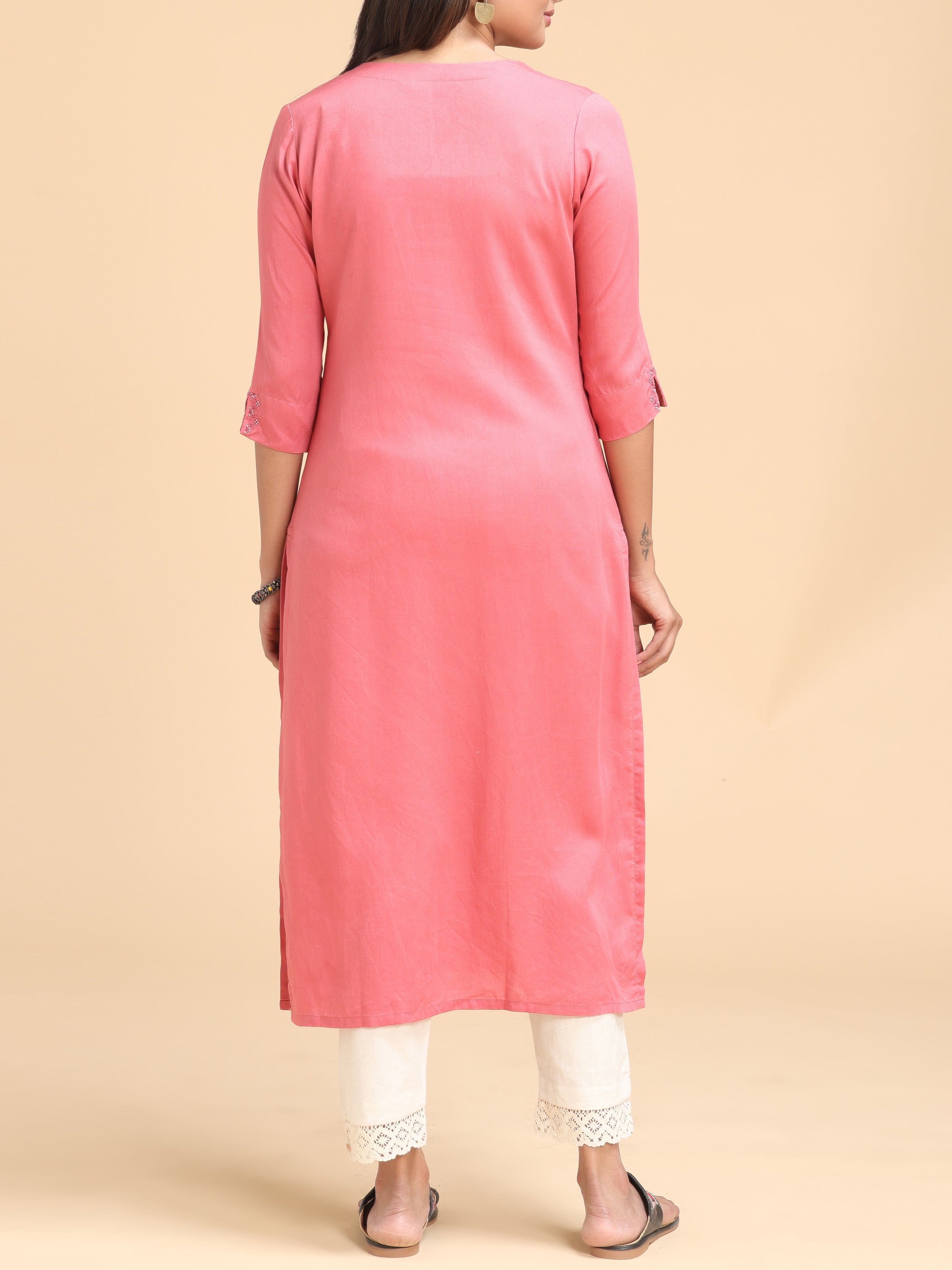 Light Pink Viscose Kurti With Embroidery