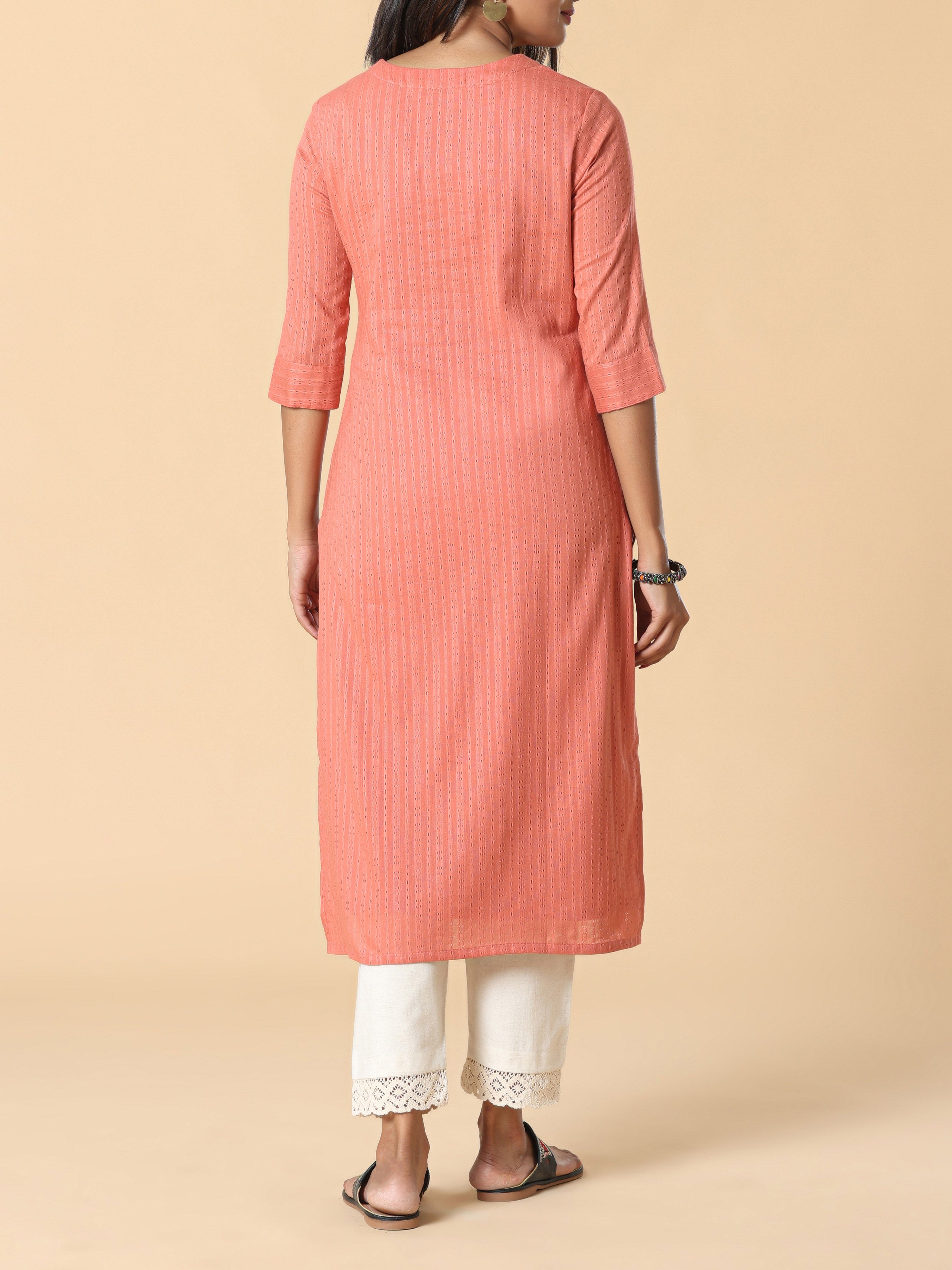 Brick Red Cotton Dobby Kurti With Embroidery
