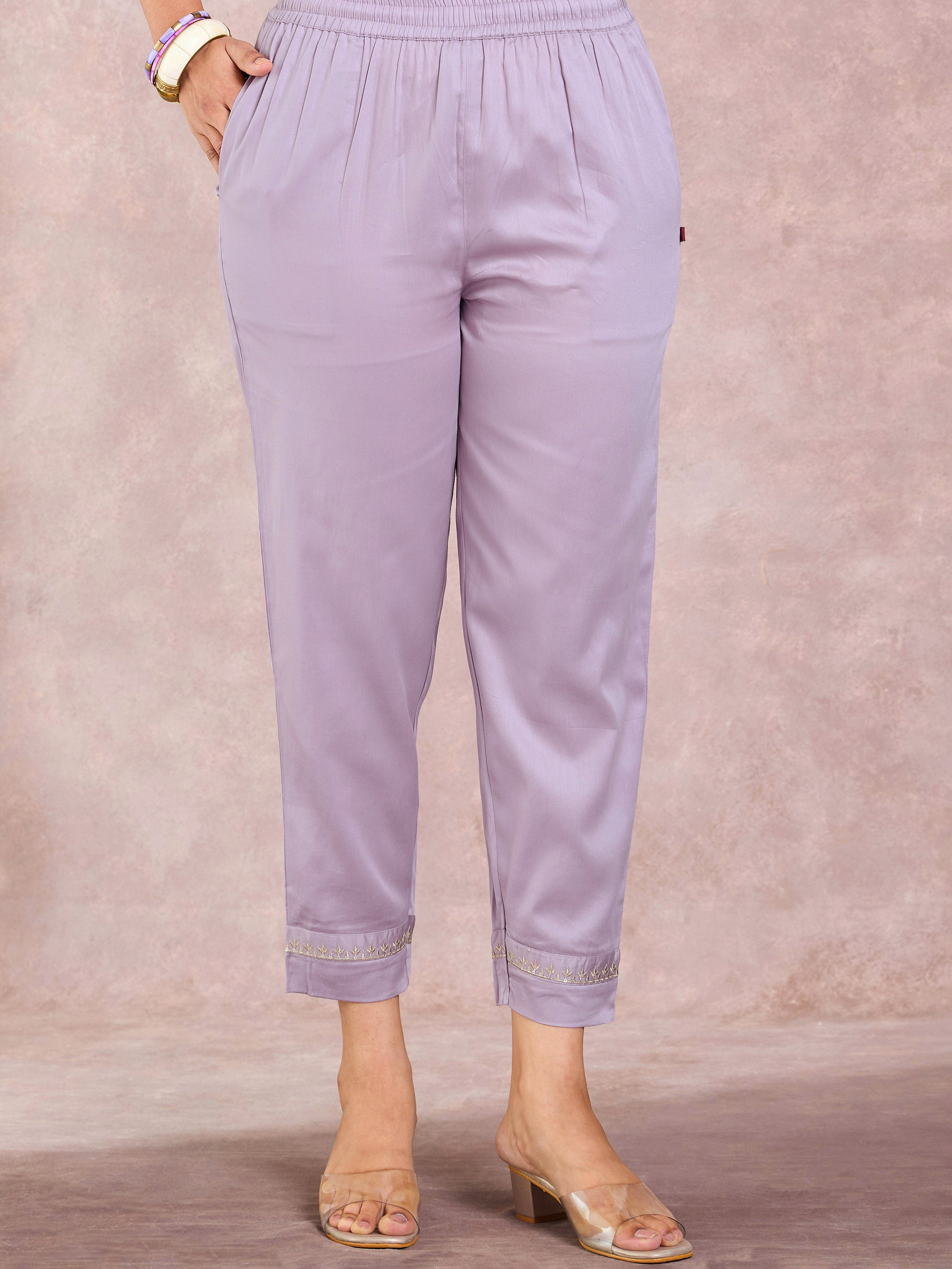 Purple Satin Shimmer Kurti & Bottom Set With Hand Work