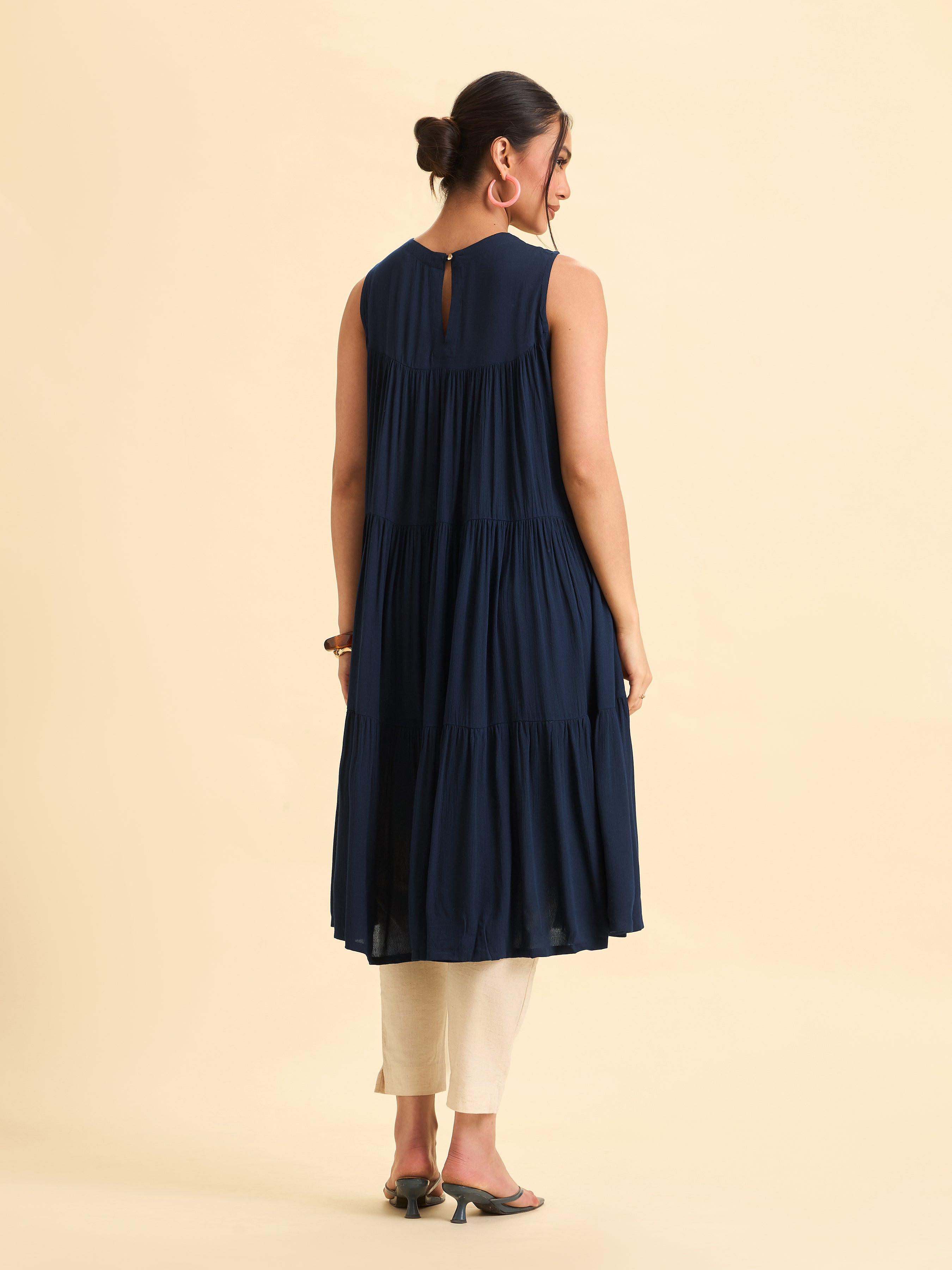 Navy Blue Wrinkle Viscose Plain Flared Tiered Cut Kurti With Sequins Embroidery