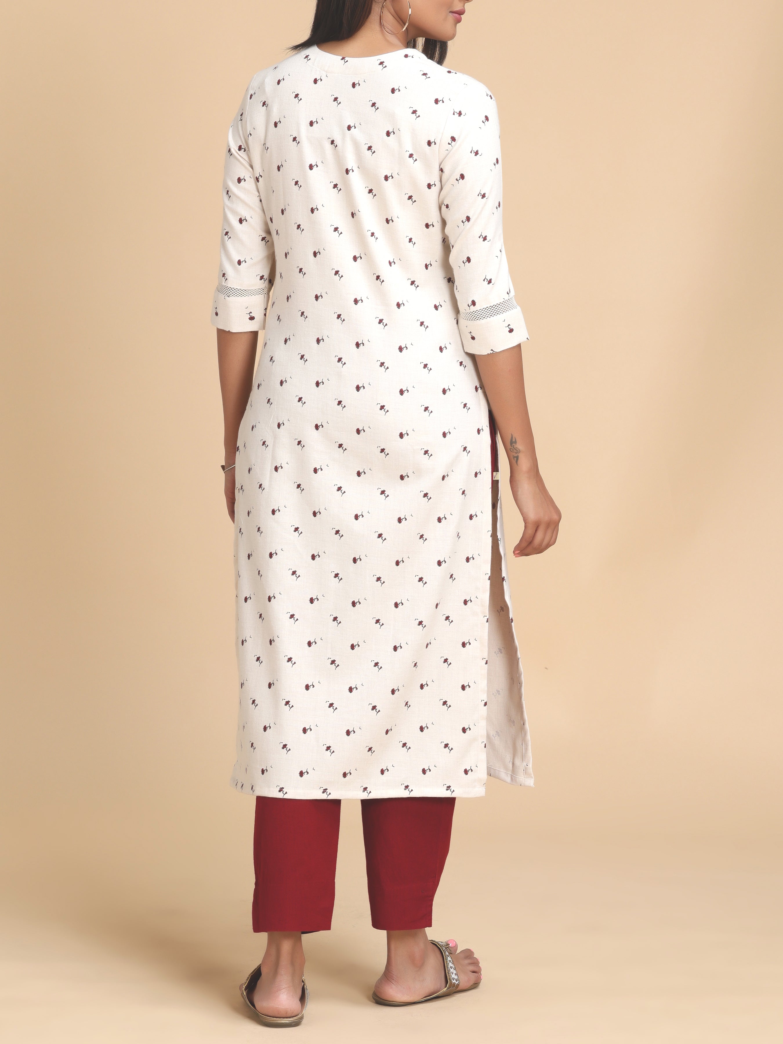 Ivory Double Cotton Kurti With Floral Print