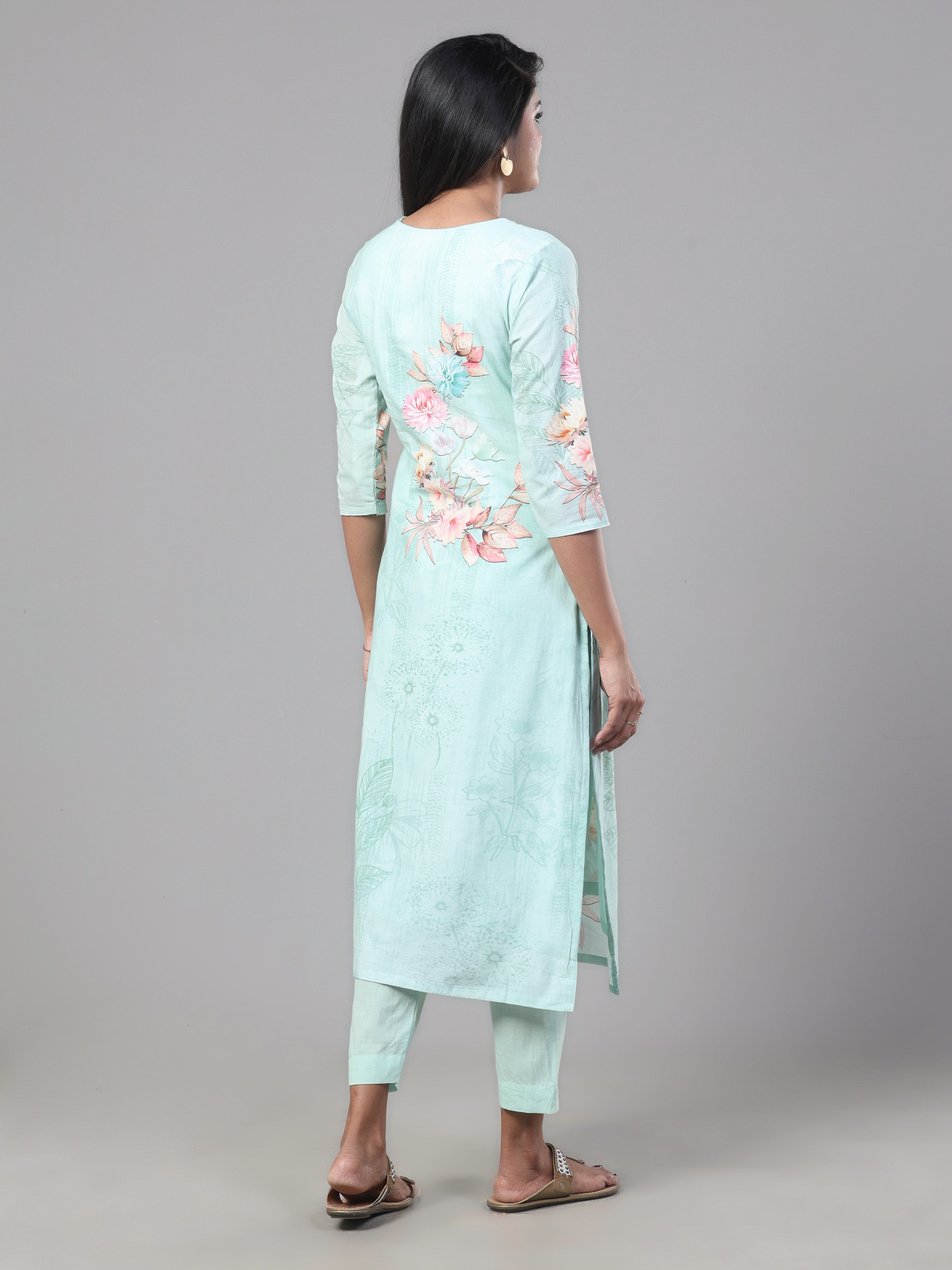 Aqua Green Pure Cotton Kurti Set & Dupatta With Hand Work