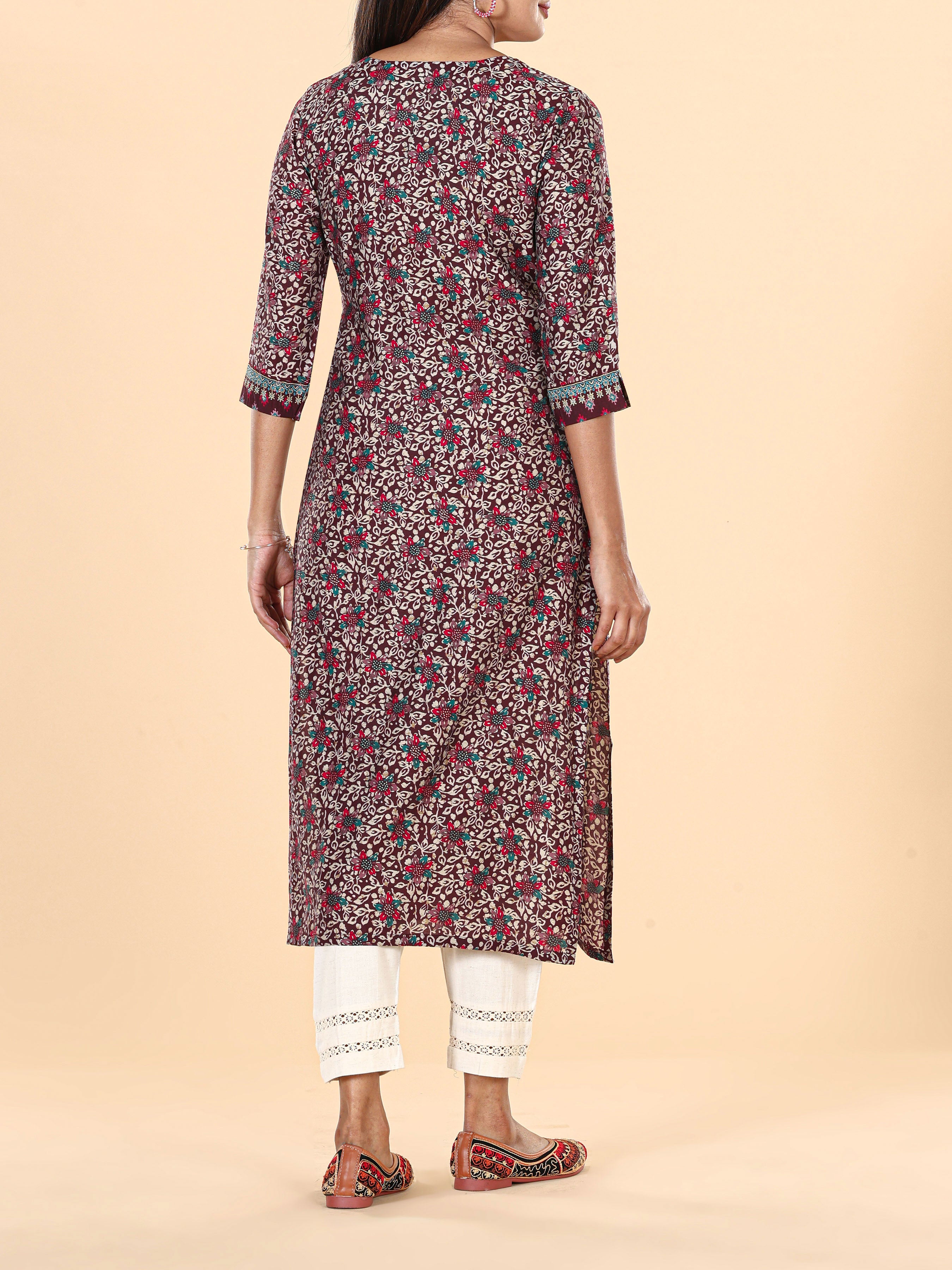 Maroon Modal Chanderi Printed Kurti With Embroidery