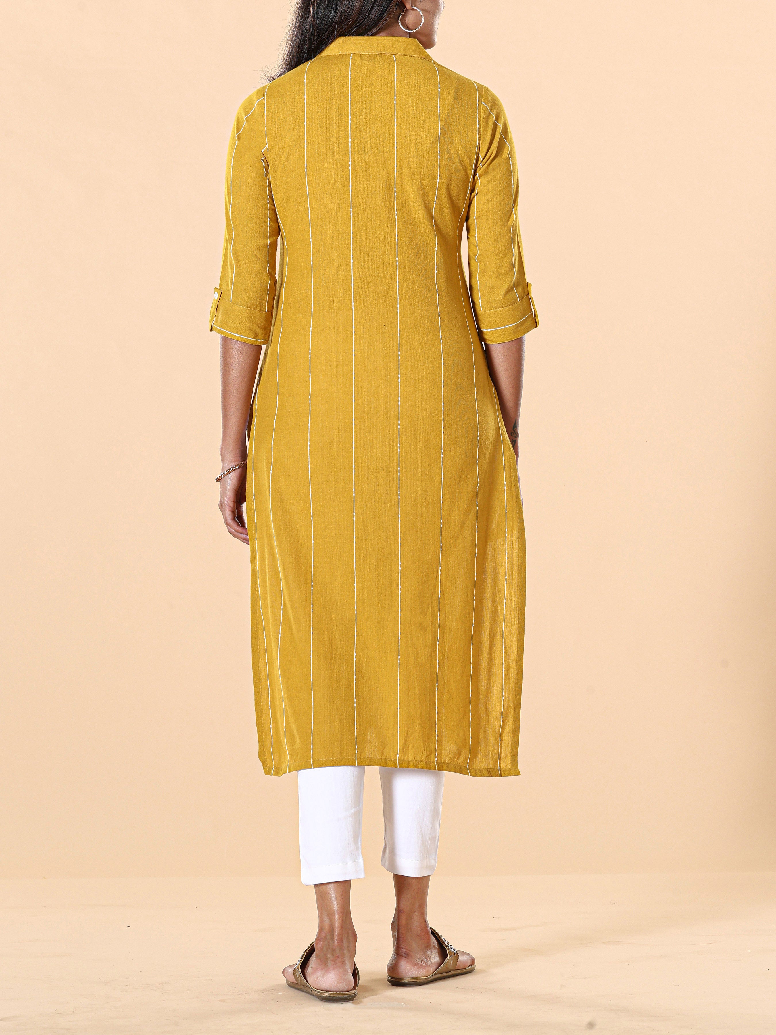 Mustard Yellow Cotton Dobby Kurti With Shirt Collar