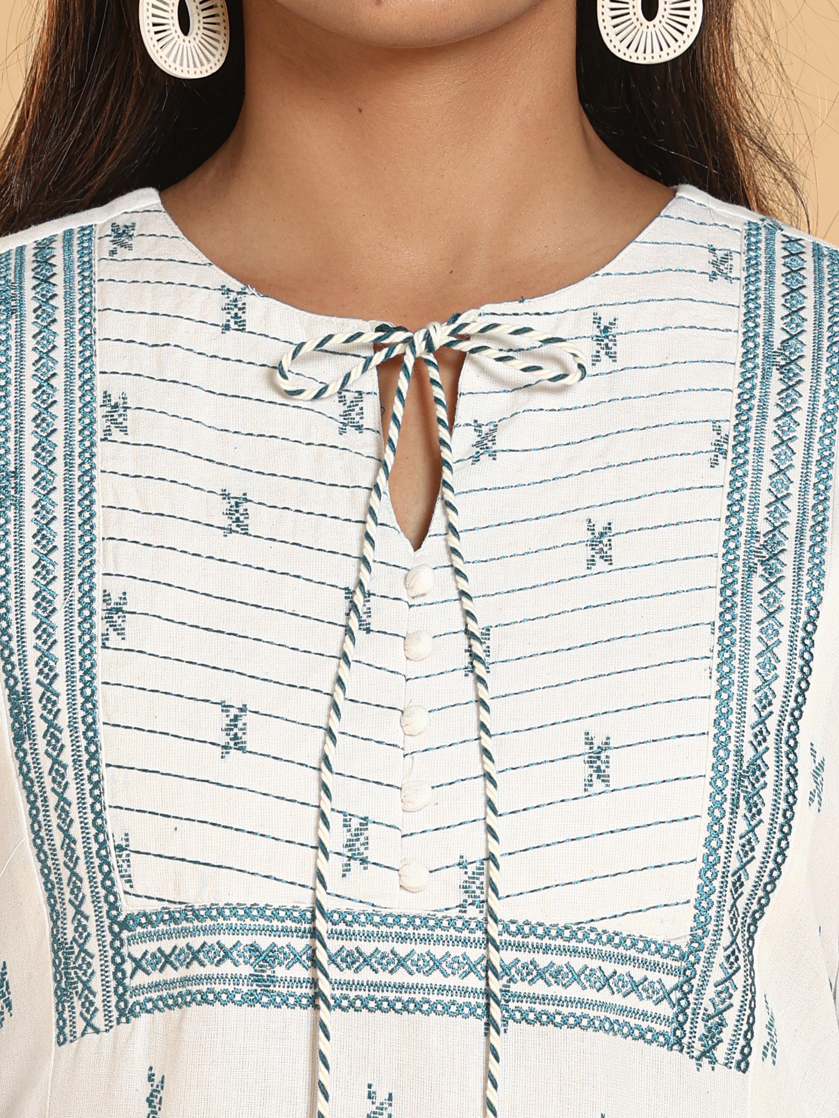 Ivory Cotton Dobby Printed Kurti With Embroidery