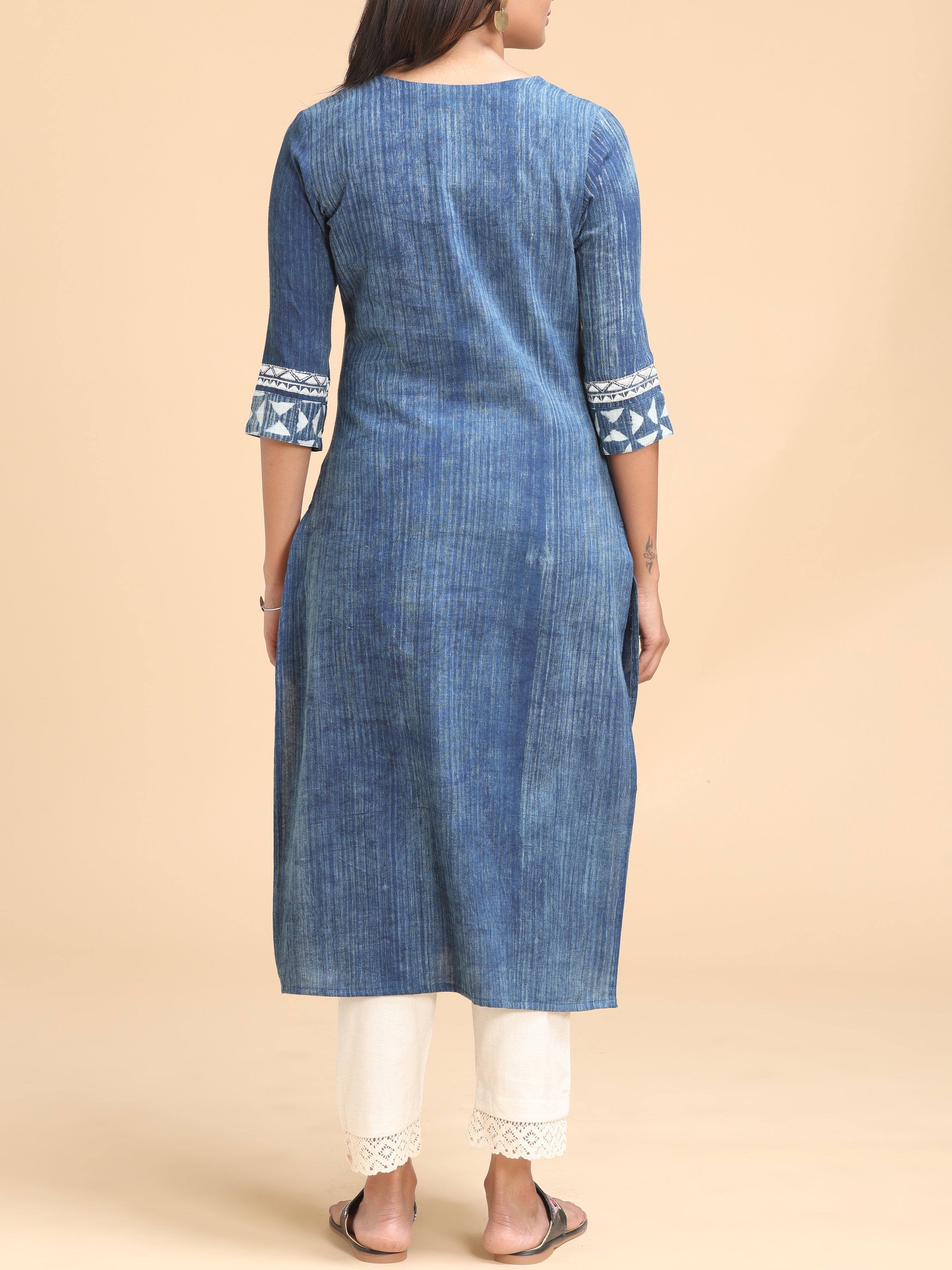 Blue Cotton Flax Kurti With Sequins Work