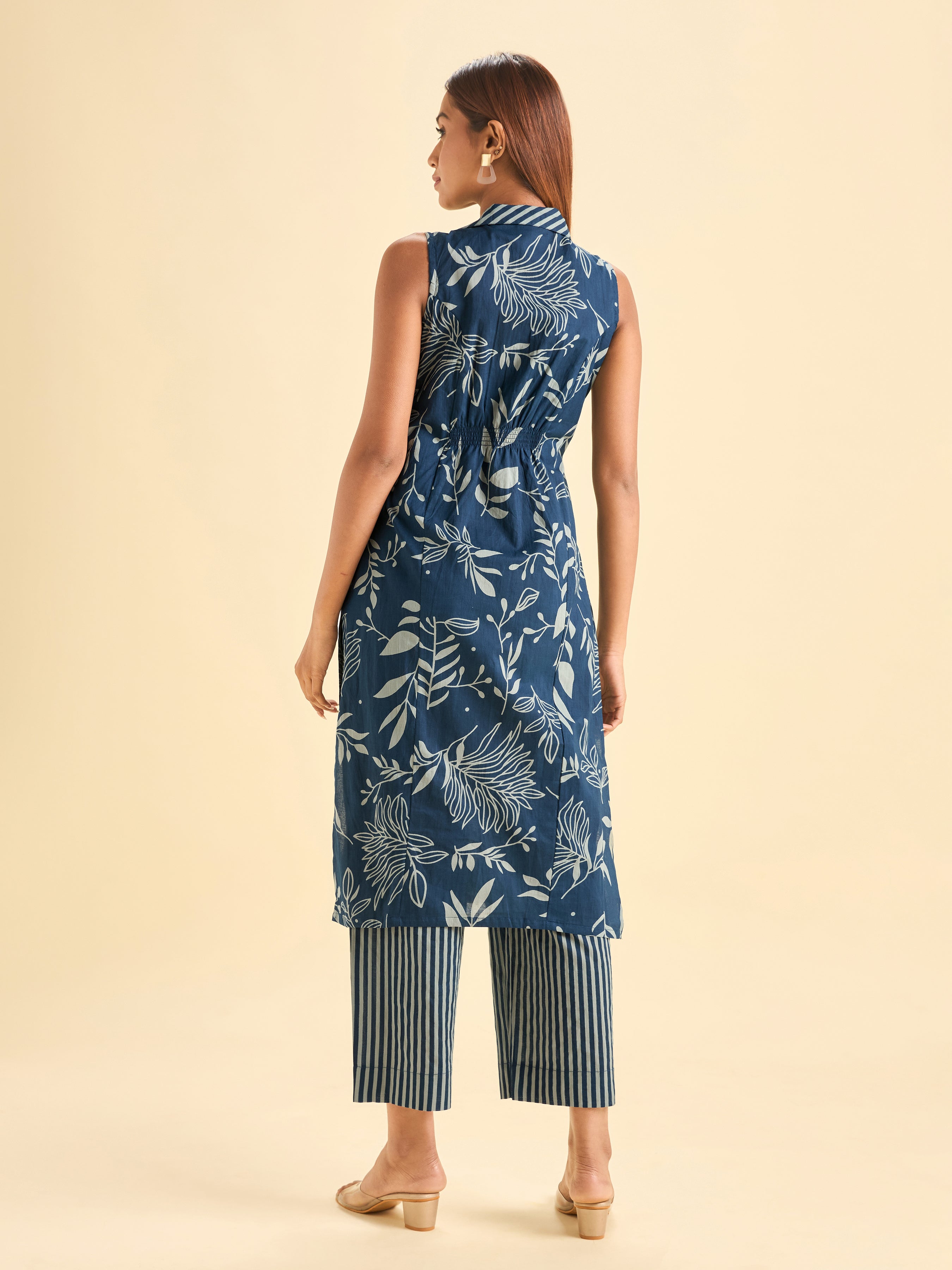 Denim Blue White Pure Cotton Printed Kurti Set With Smocking