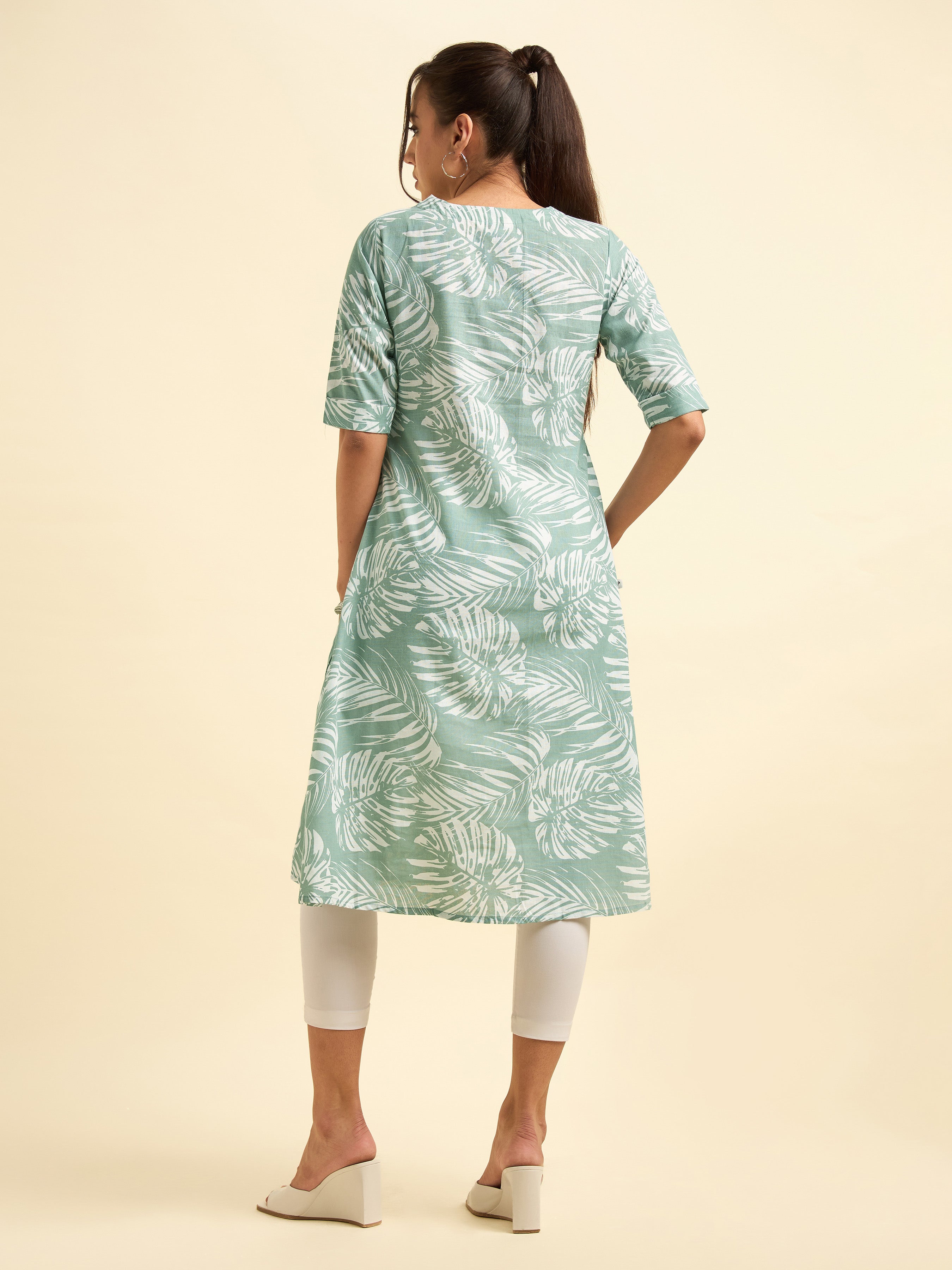 Sage Green And White Cotton Linen Printed Flared Kurti With Knife Pleat