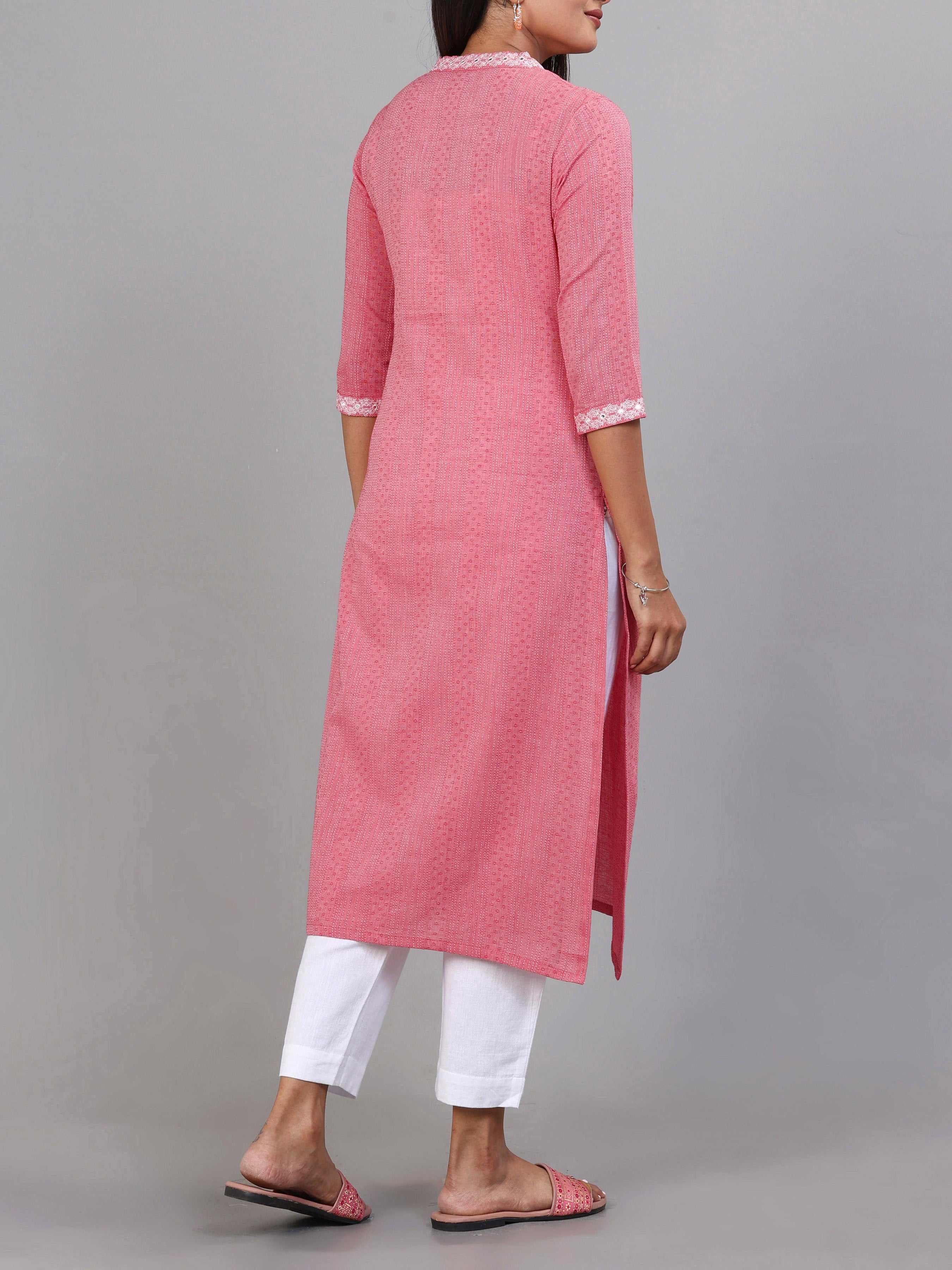 Onion Pink Cotton Dobby Kurti With Cording Embroidery