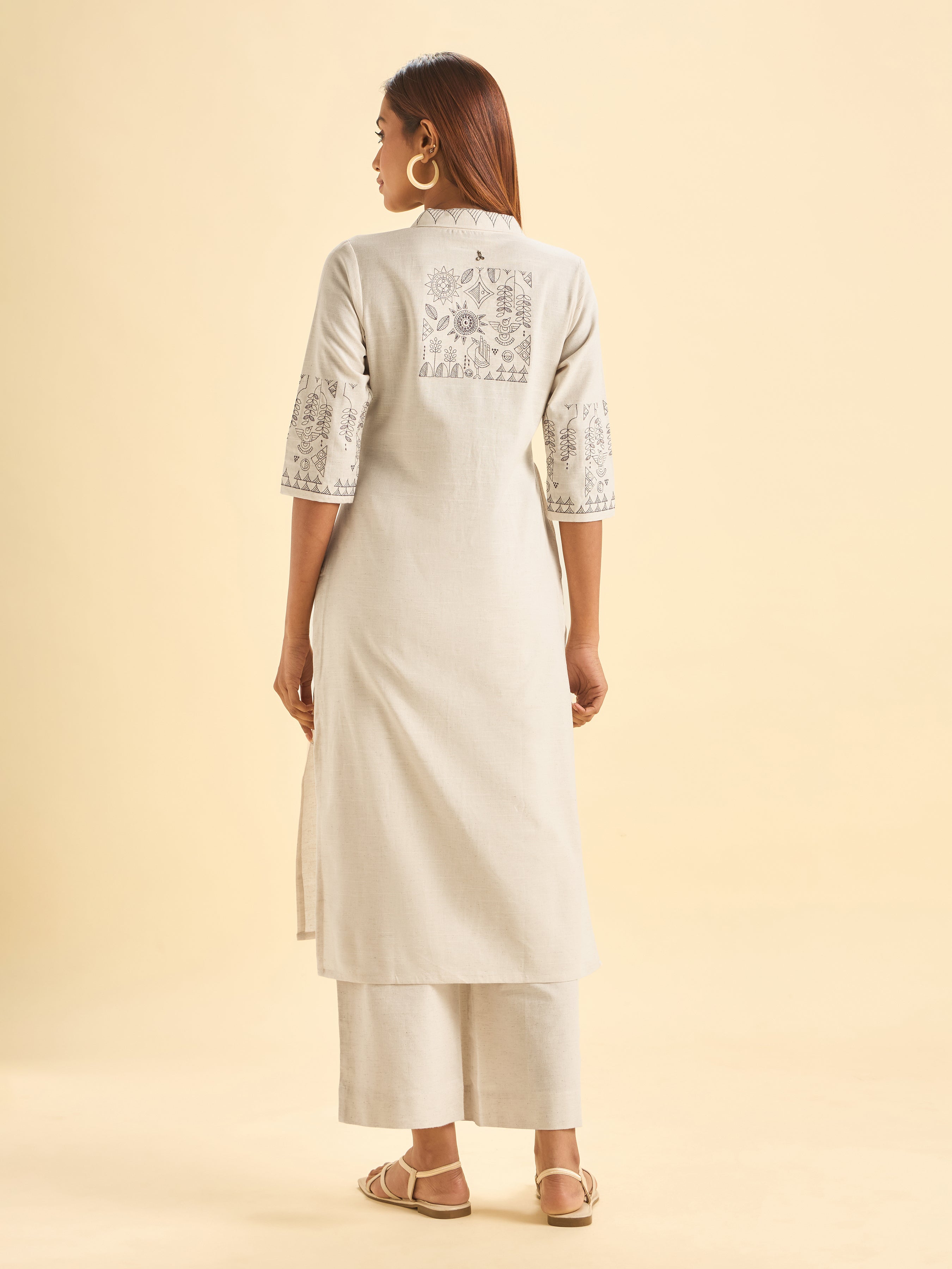 Ivory Cotton Flax Plain Kurti With Embroidery