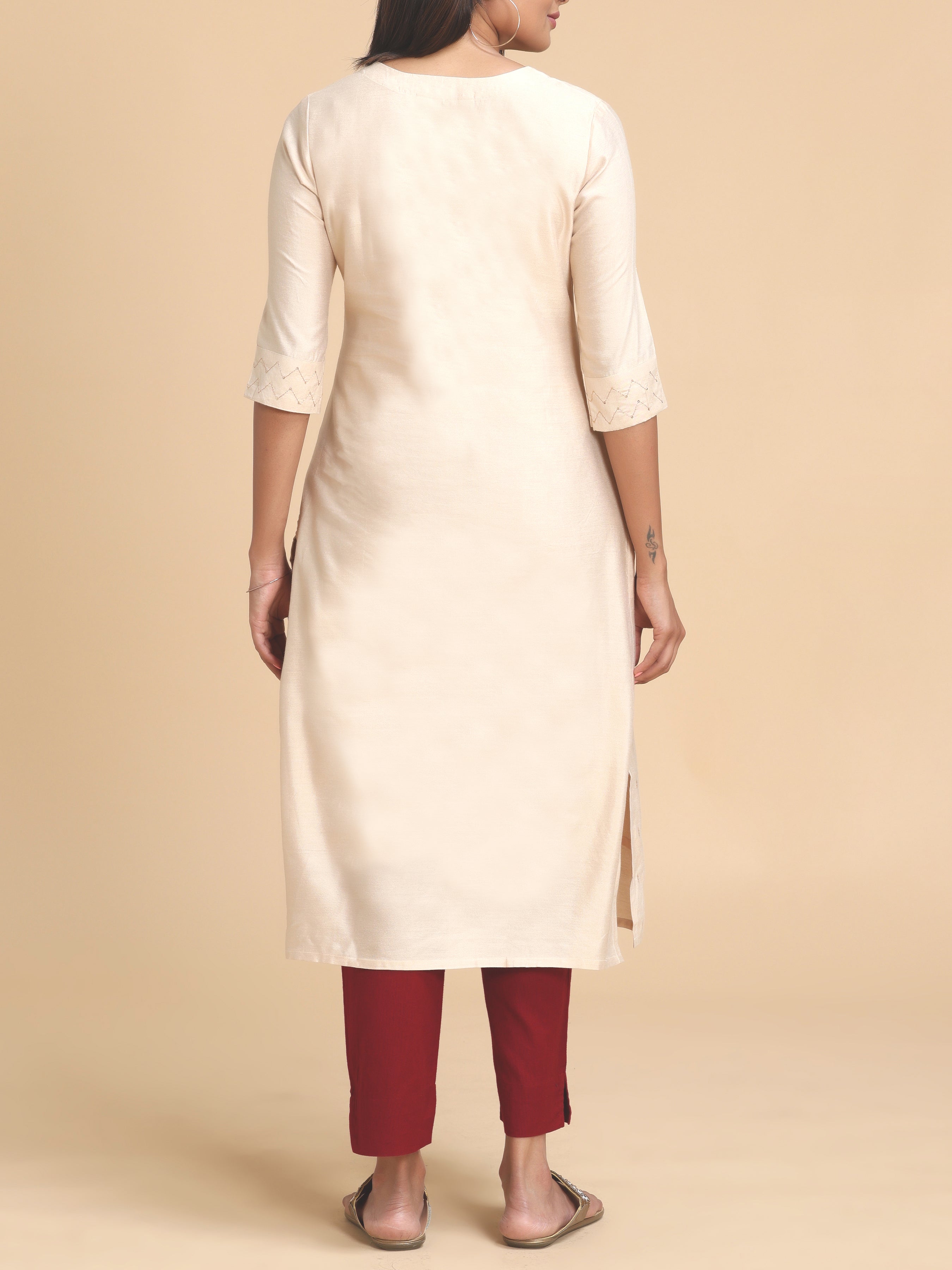 Beige Viscose Lain Kurti With Sequins Work