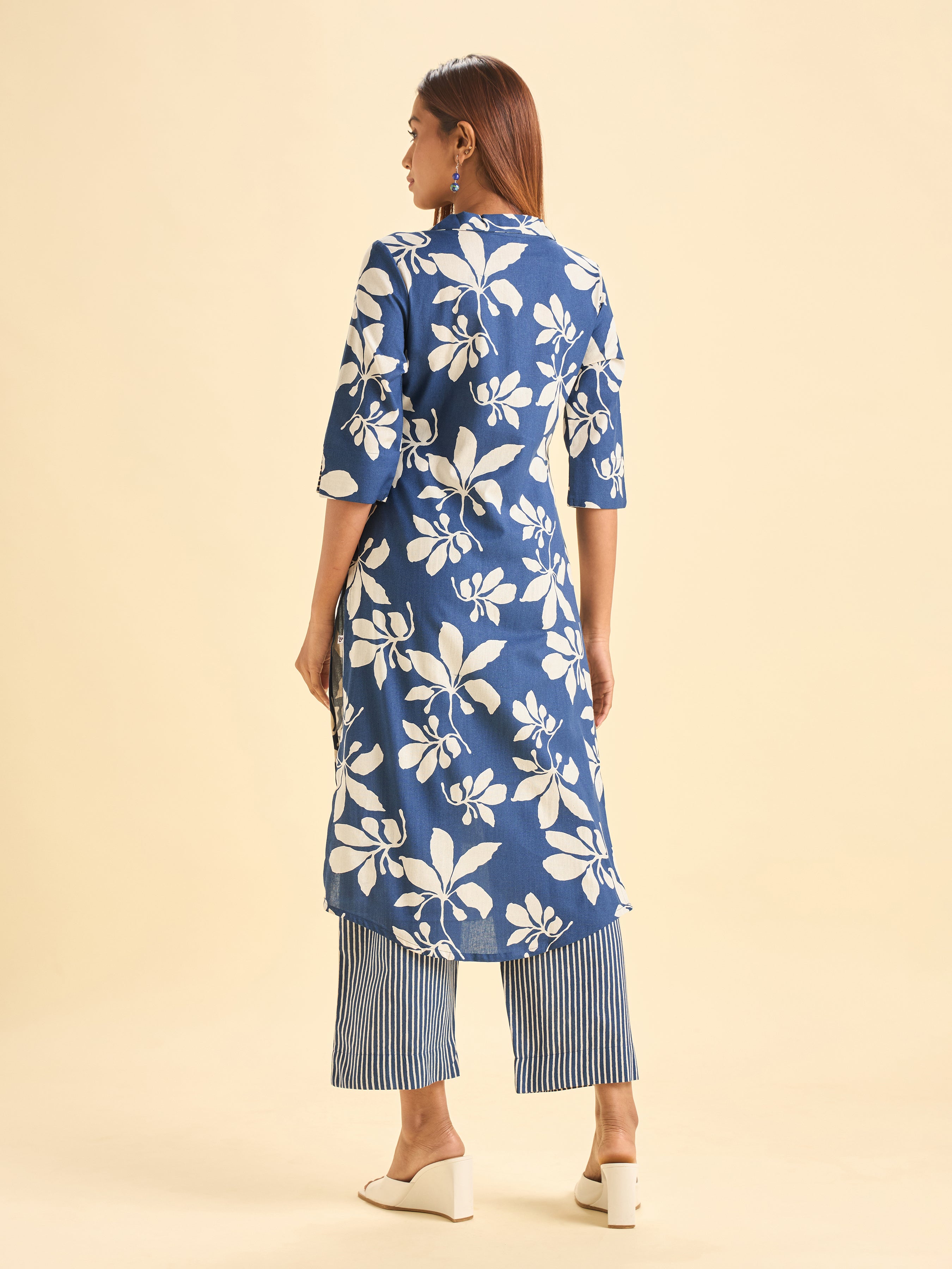 Navy Blue Cotton Flax Printed Slited Kurti Set