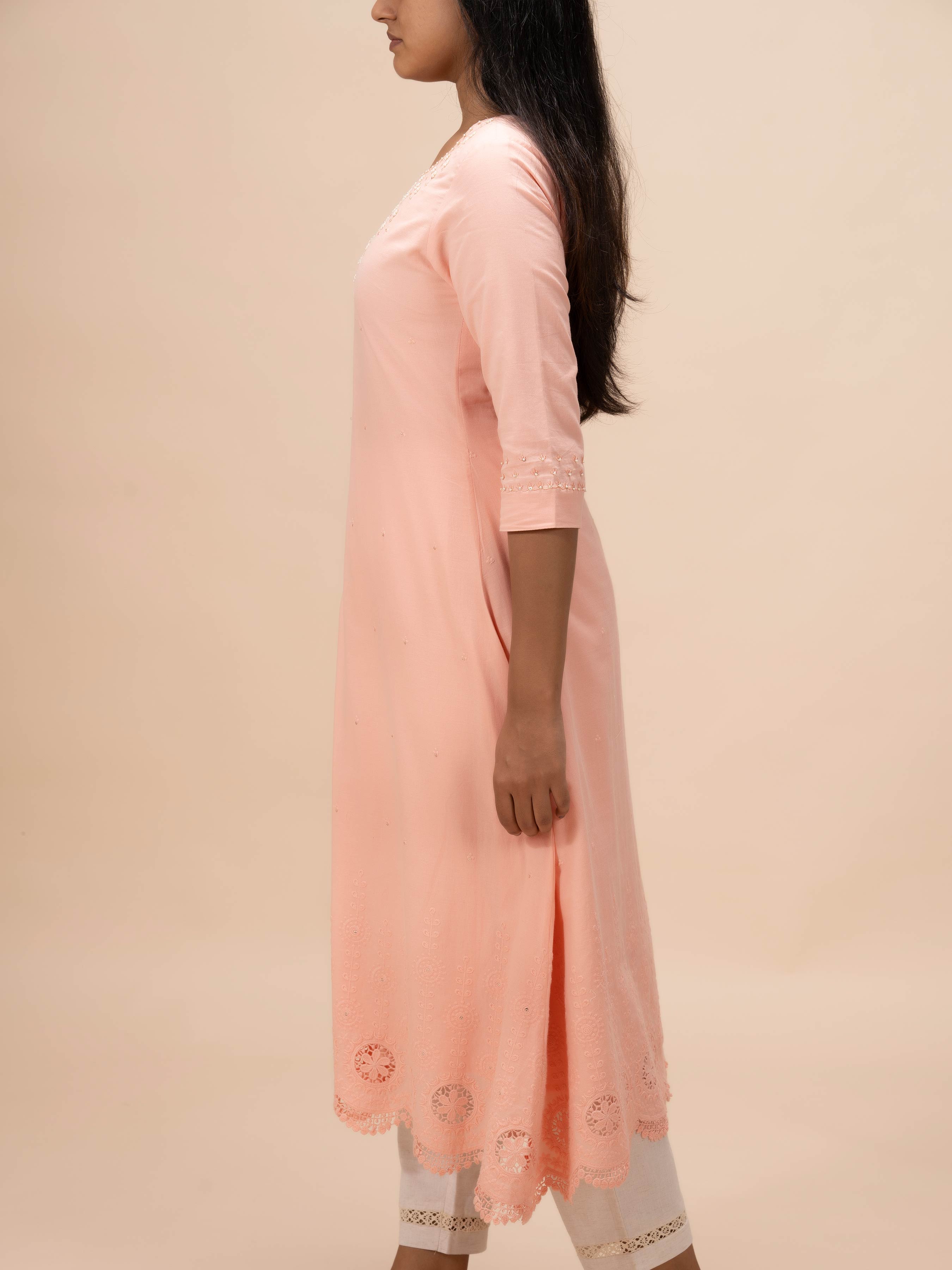 Peach Pure Cotton Kurti With Handwork