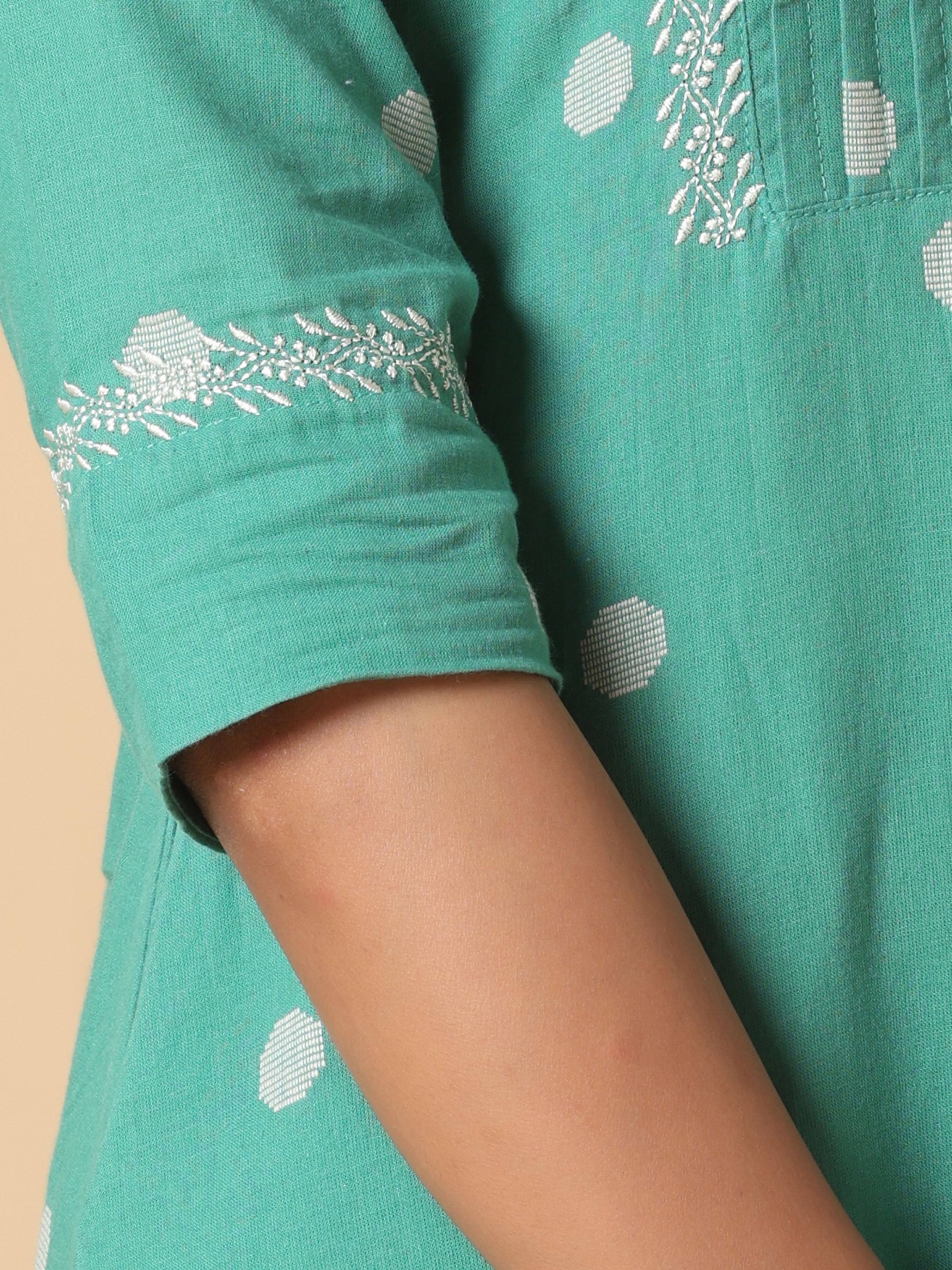 Aqua Green Cotton Dobby Kurti With Embroidery