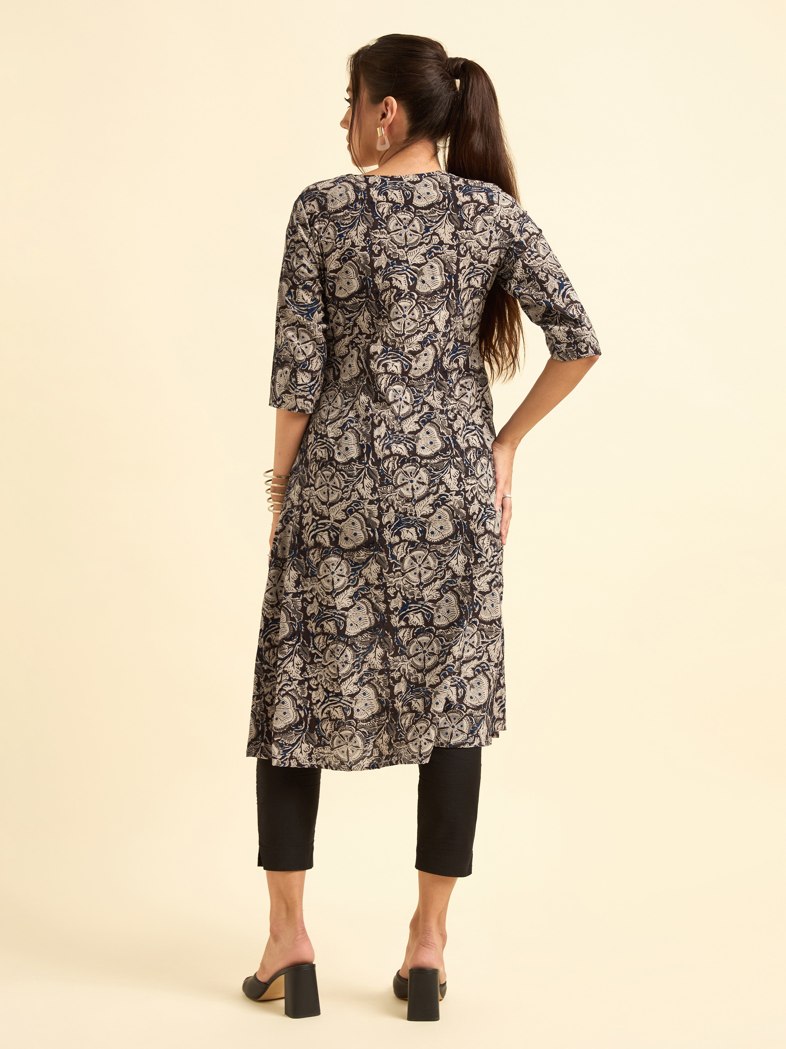 Multi Colour Angrakha Printed Flared Kurti With Mirror Work