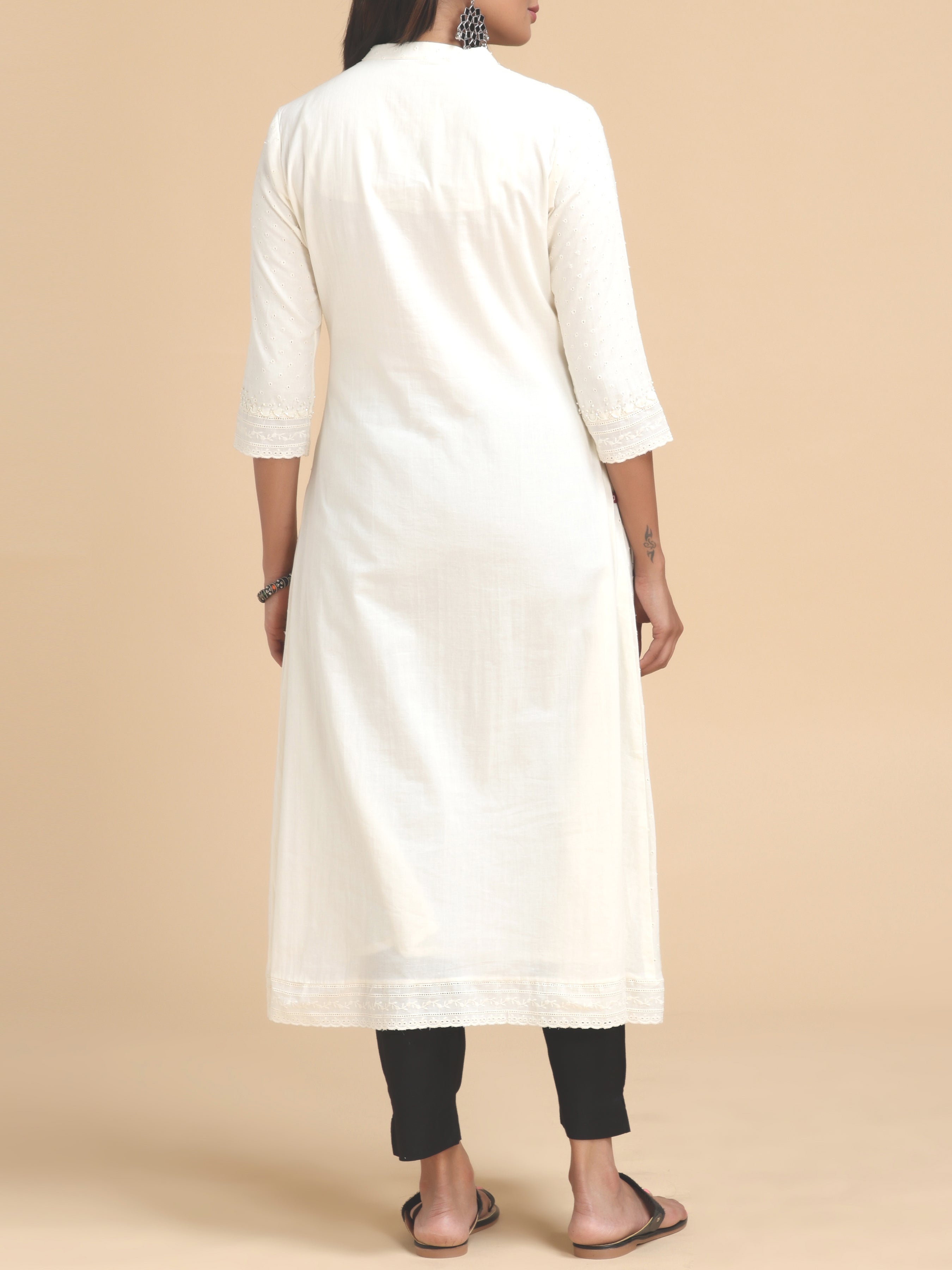 Ivory Schiffli Kurti With Handwork