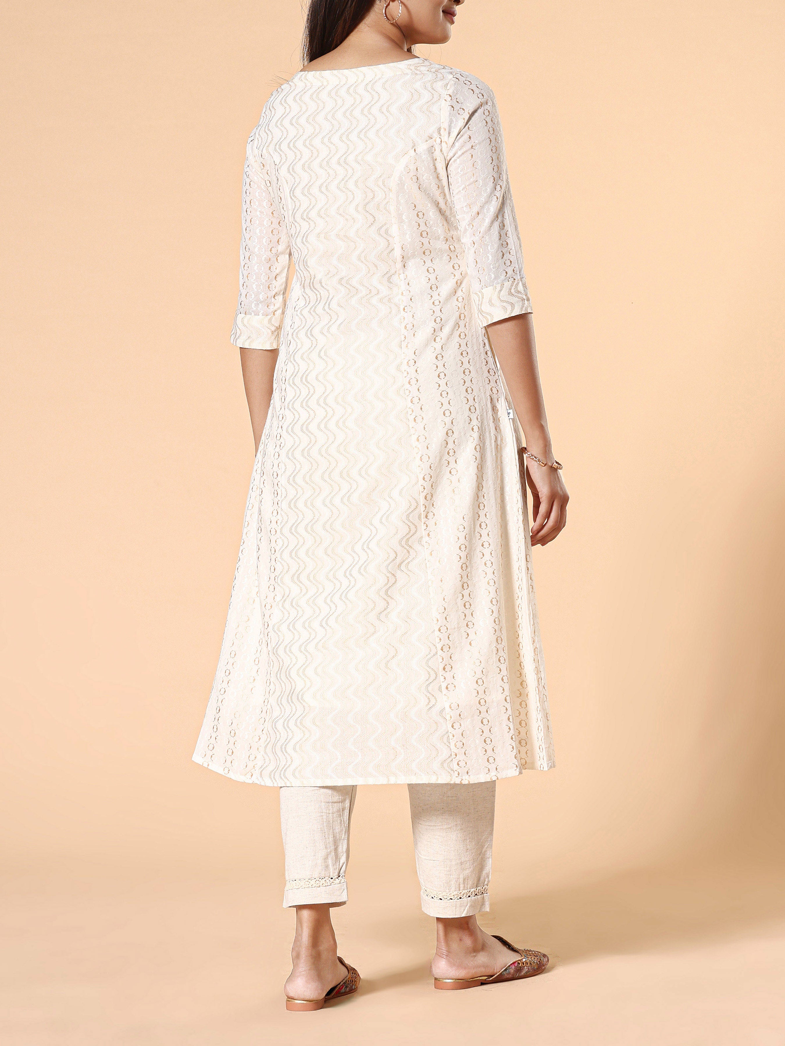 Ivory Cotton Jacquard Kurti With Center Cut