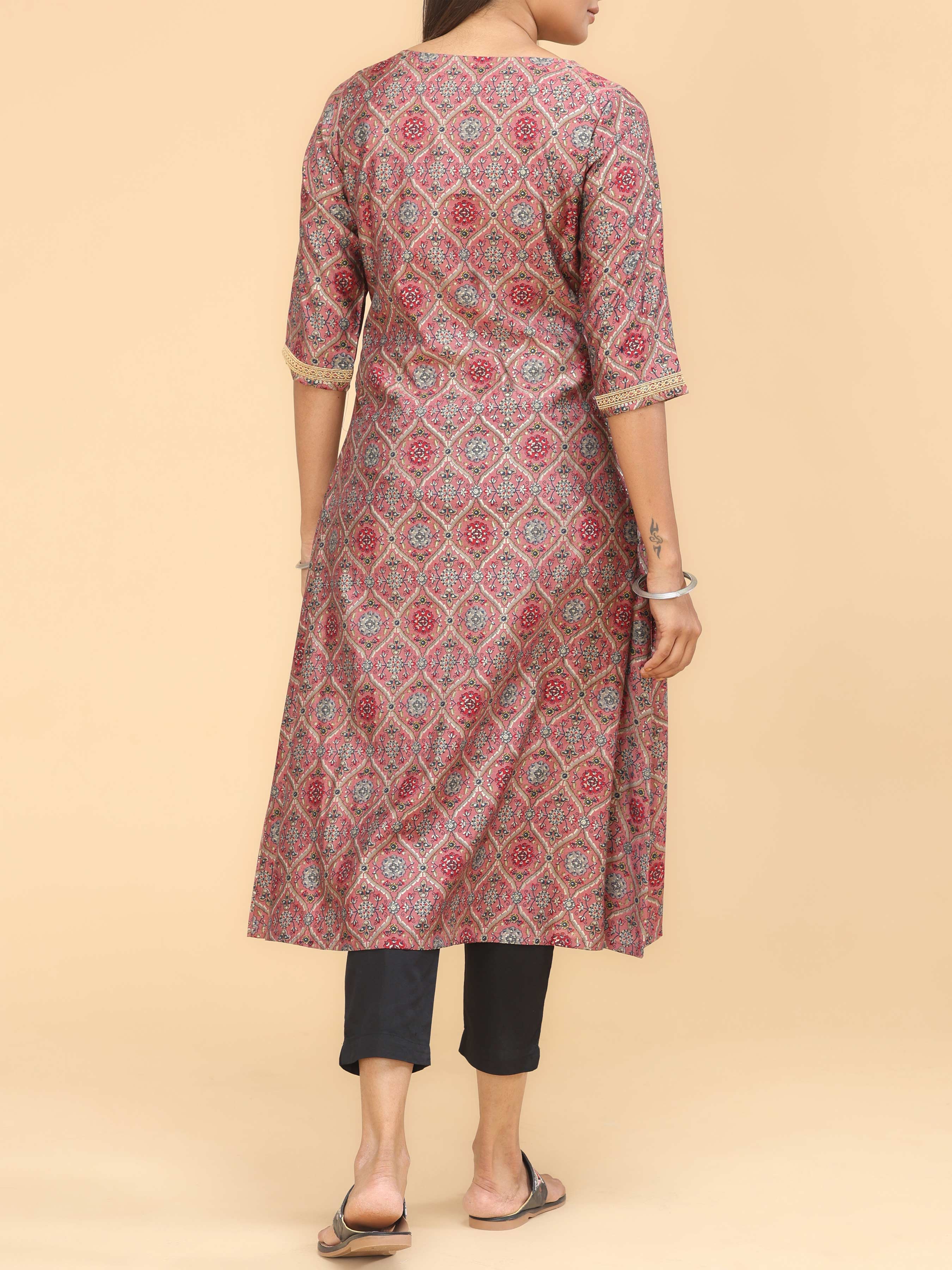 Copper Brown Modal Chanderi Printed Kurti With Hand Work
