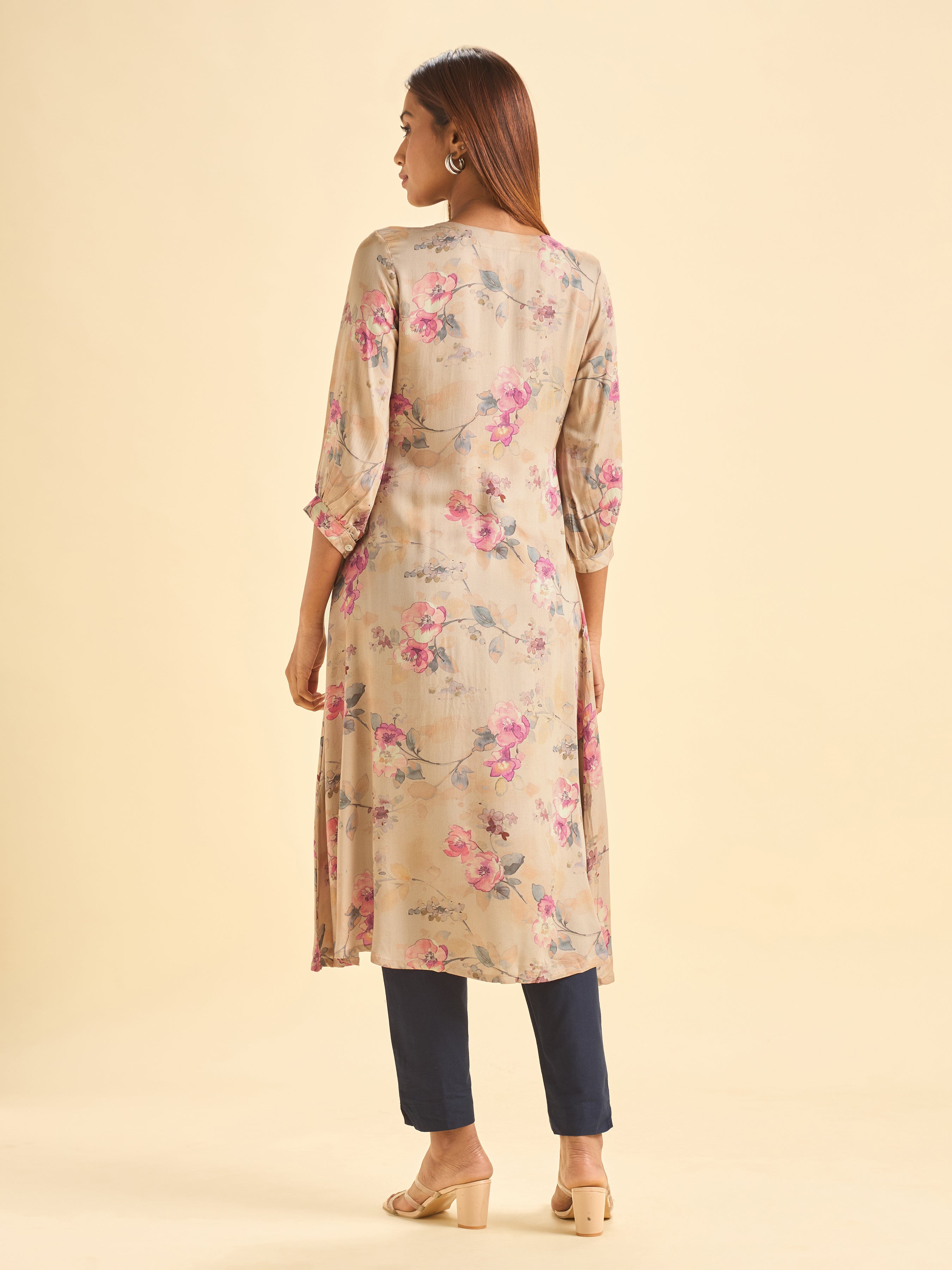 Beige Modal Satin Printed Flared Kurti