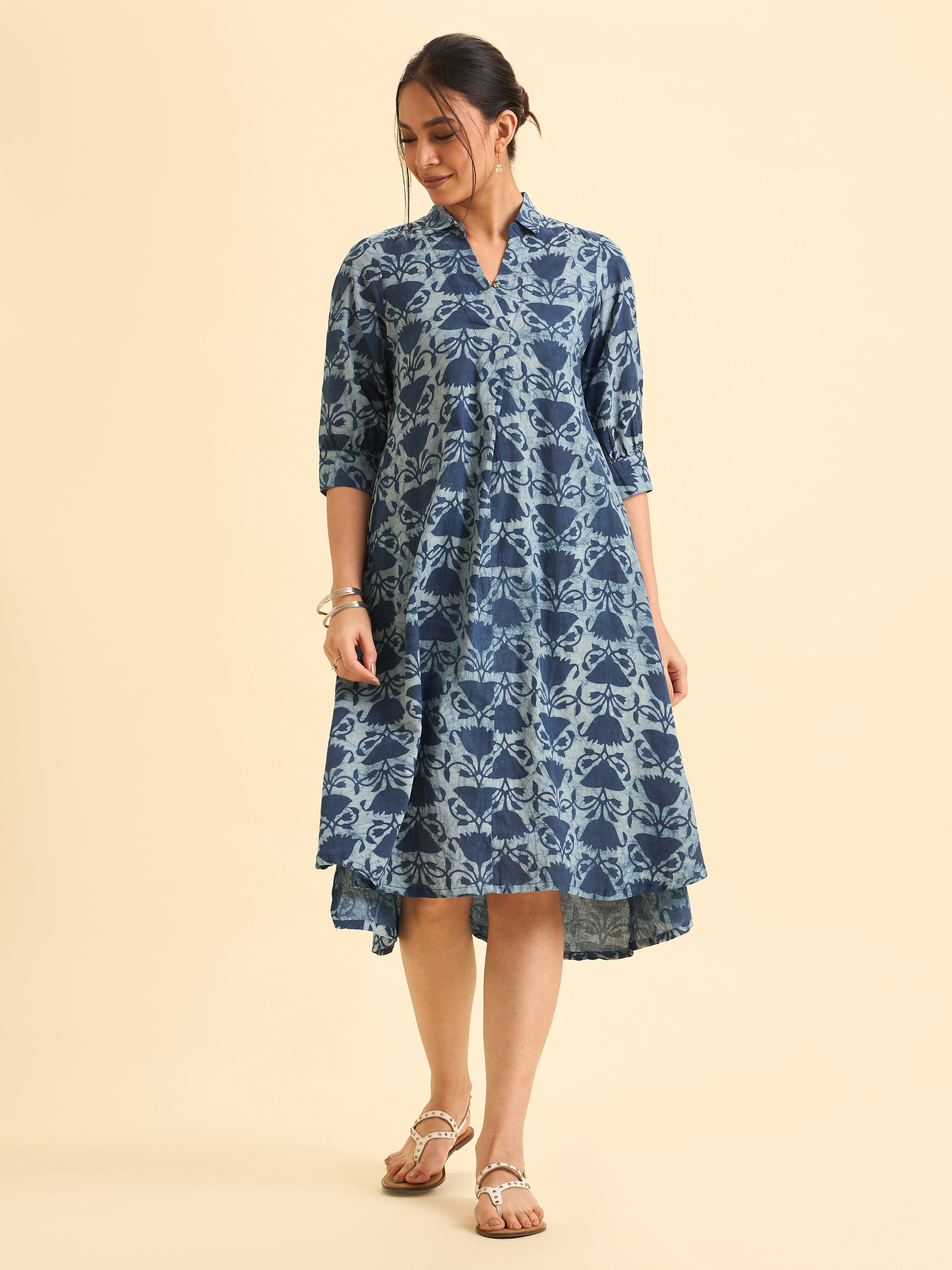 Indigo Cotton Printed Flared Kurti With Curved Hem
