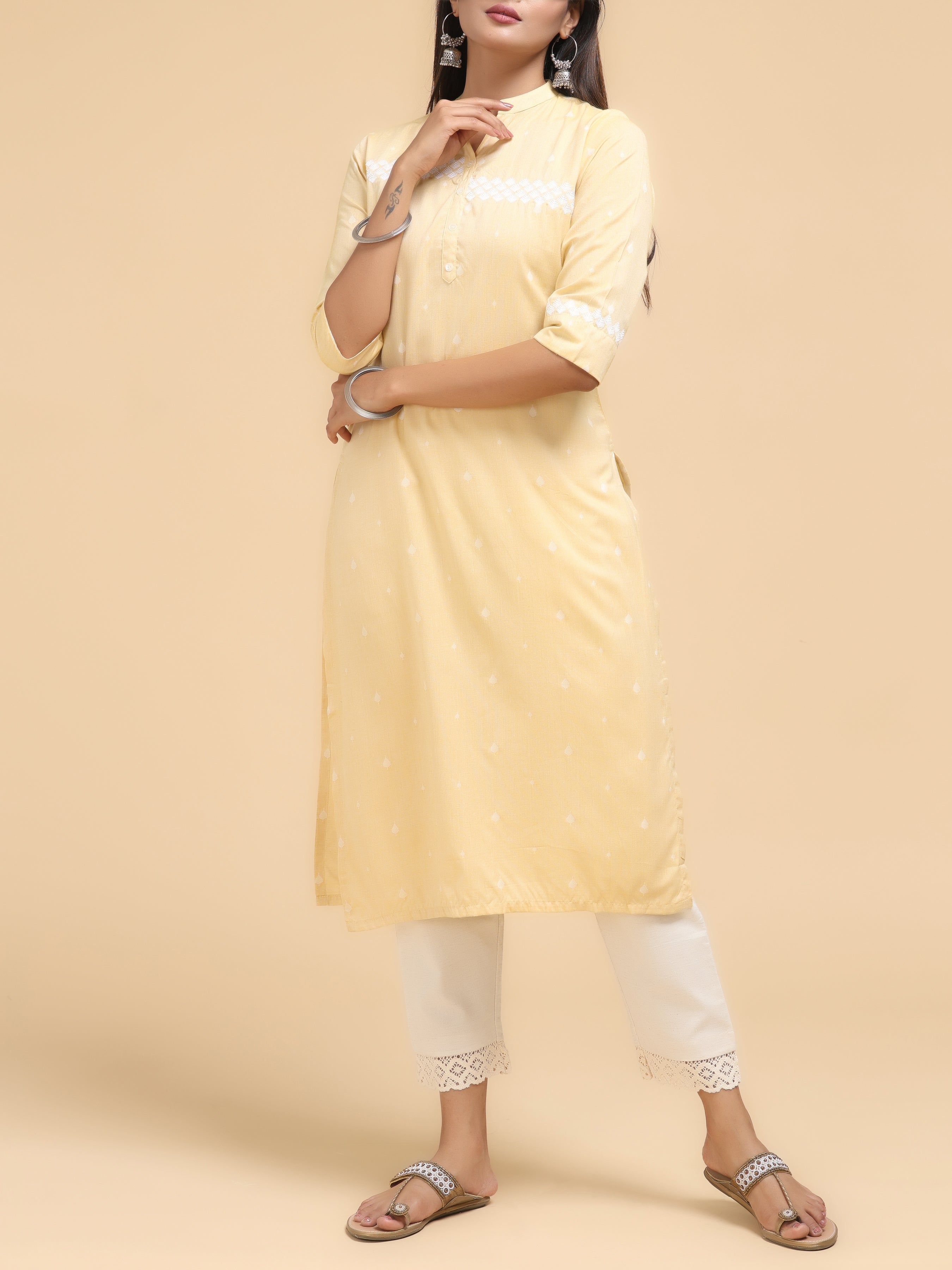 Lemon Yellow Pure Cotton Kurti With Embroidery