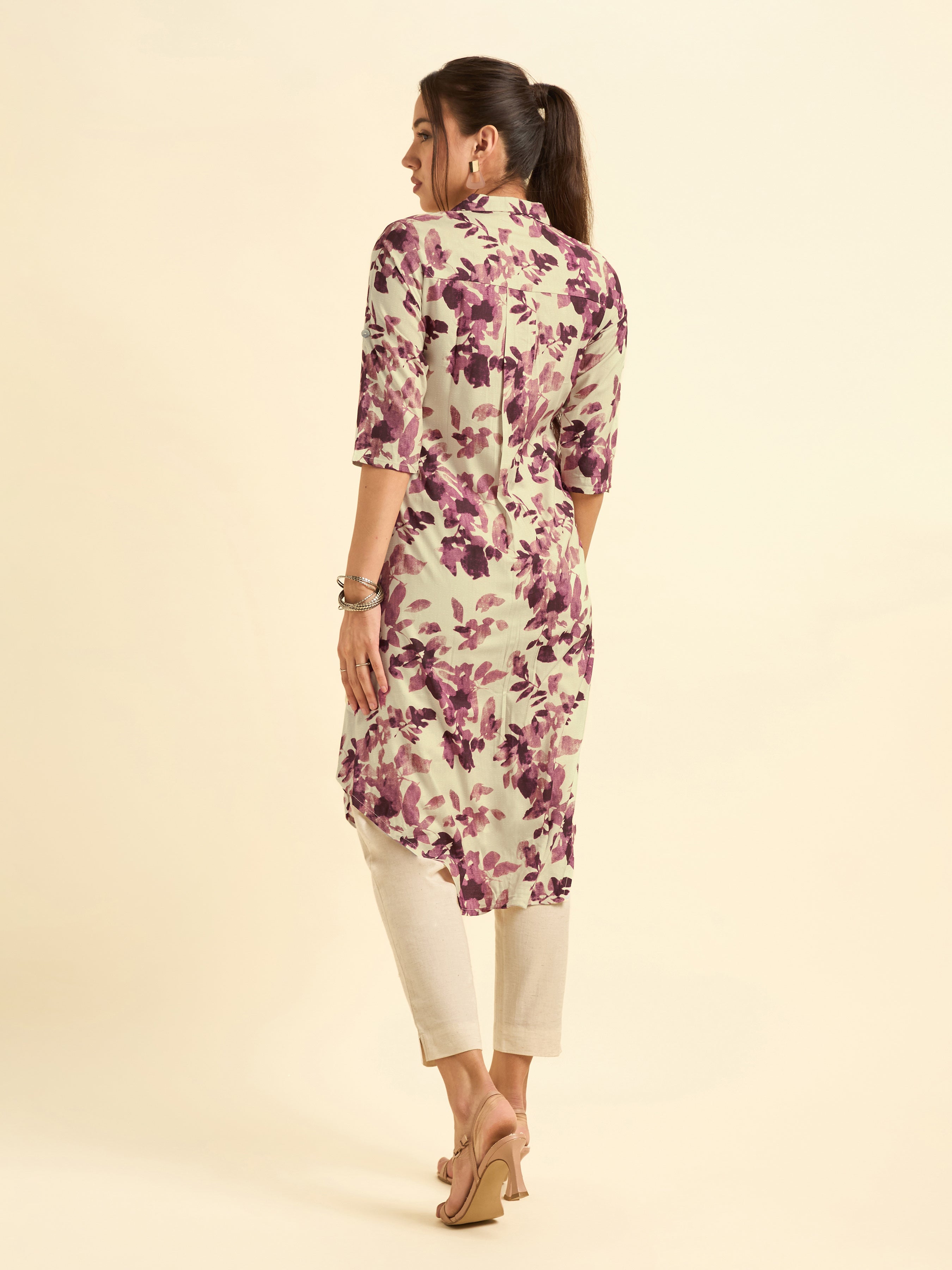 Ivory Wine Red Viscosew Printed Kurti With Shaped Hemline