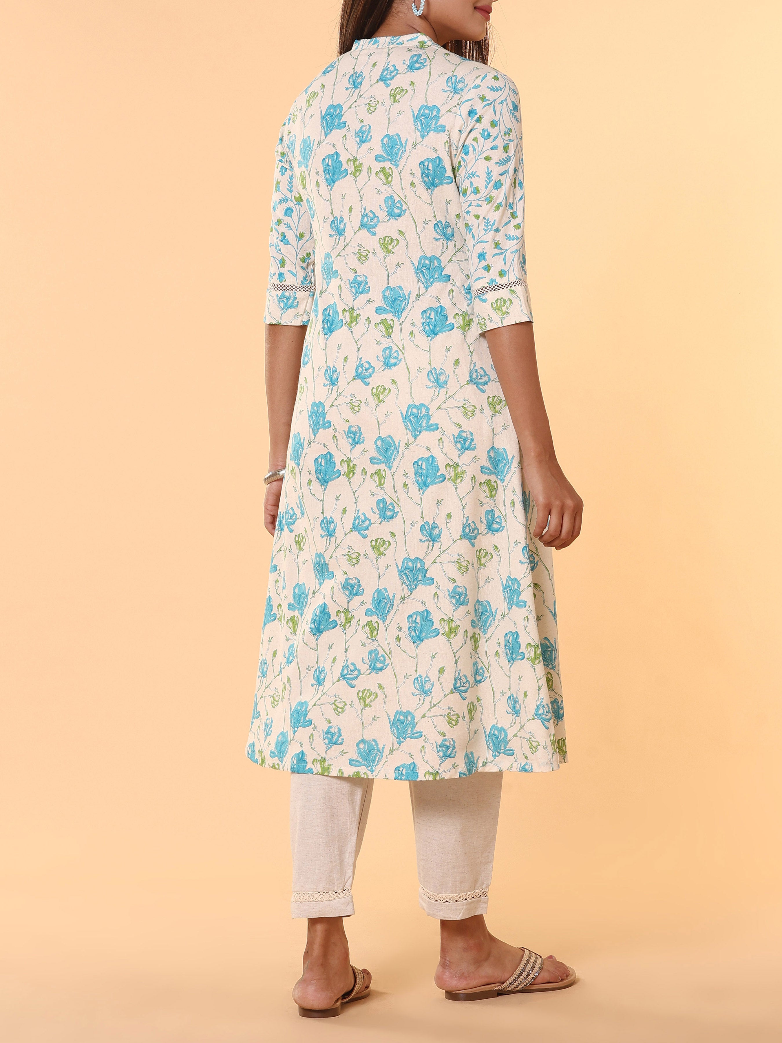 Multi Colour Cotton Flax Printed Kurti With Lace Detailing