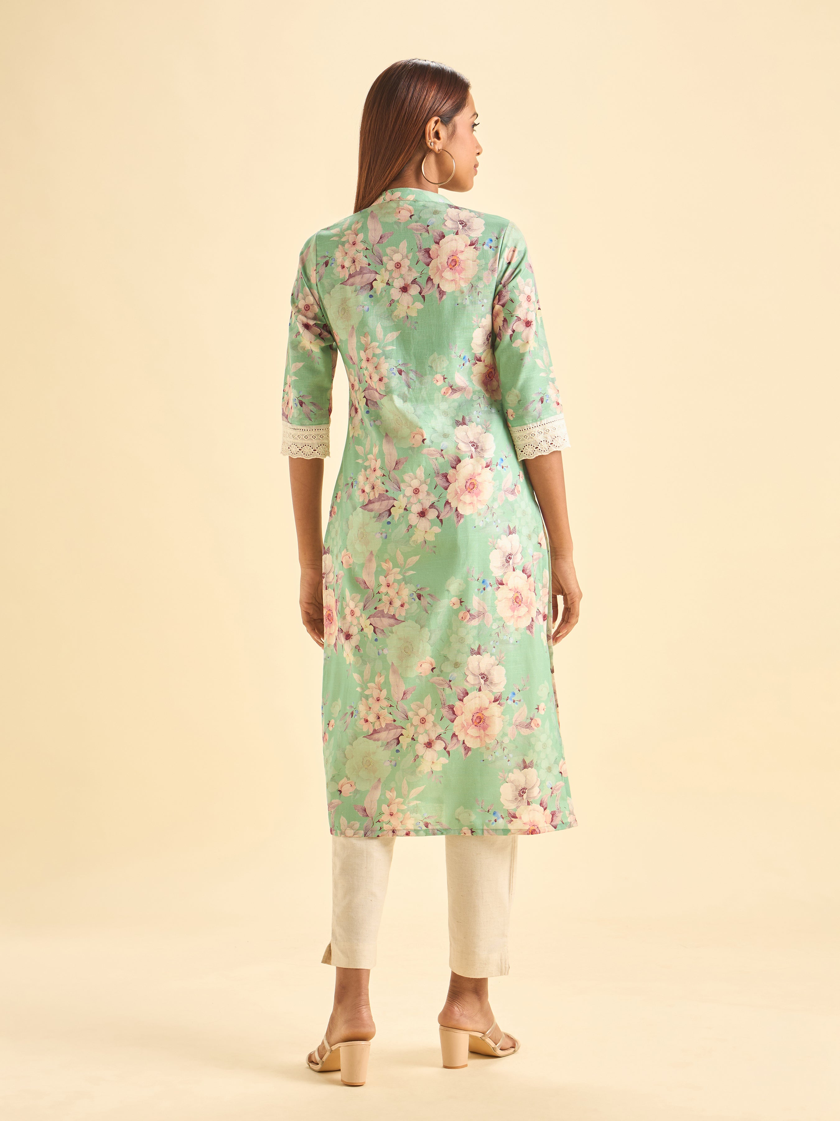 Mint Green Cotton Slub Slited Printed Kurti With Lace