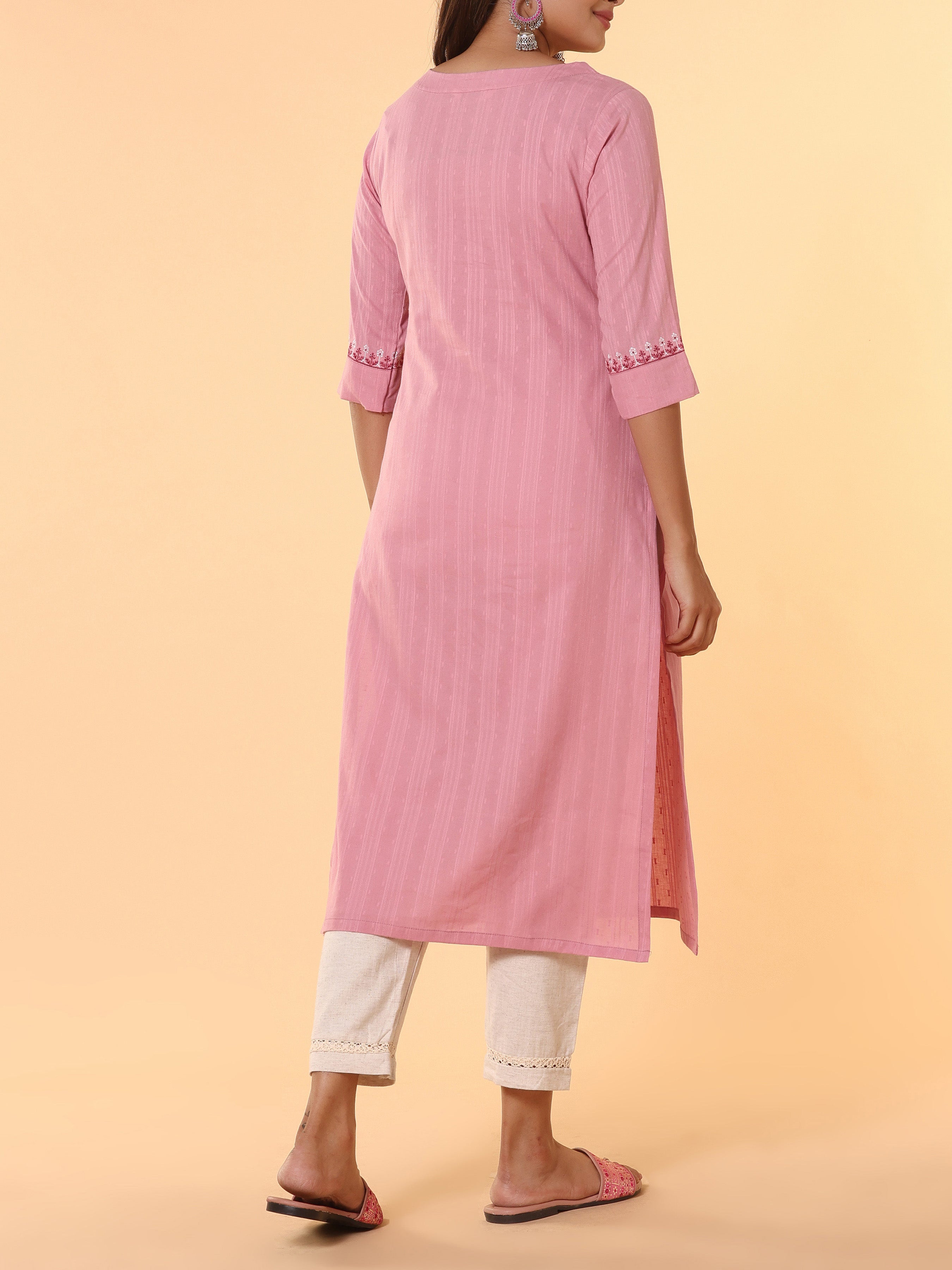 Pink Cotton Dobby Kurti With Embroidery