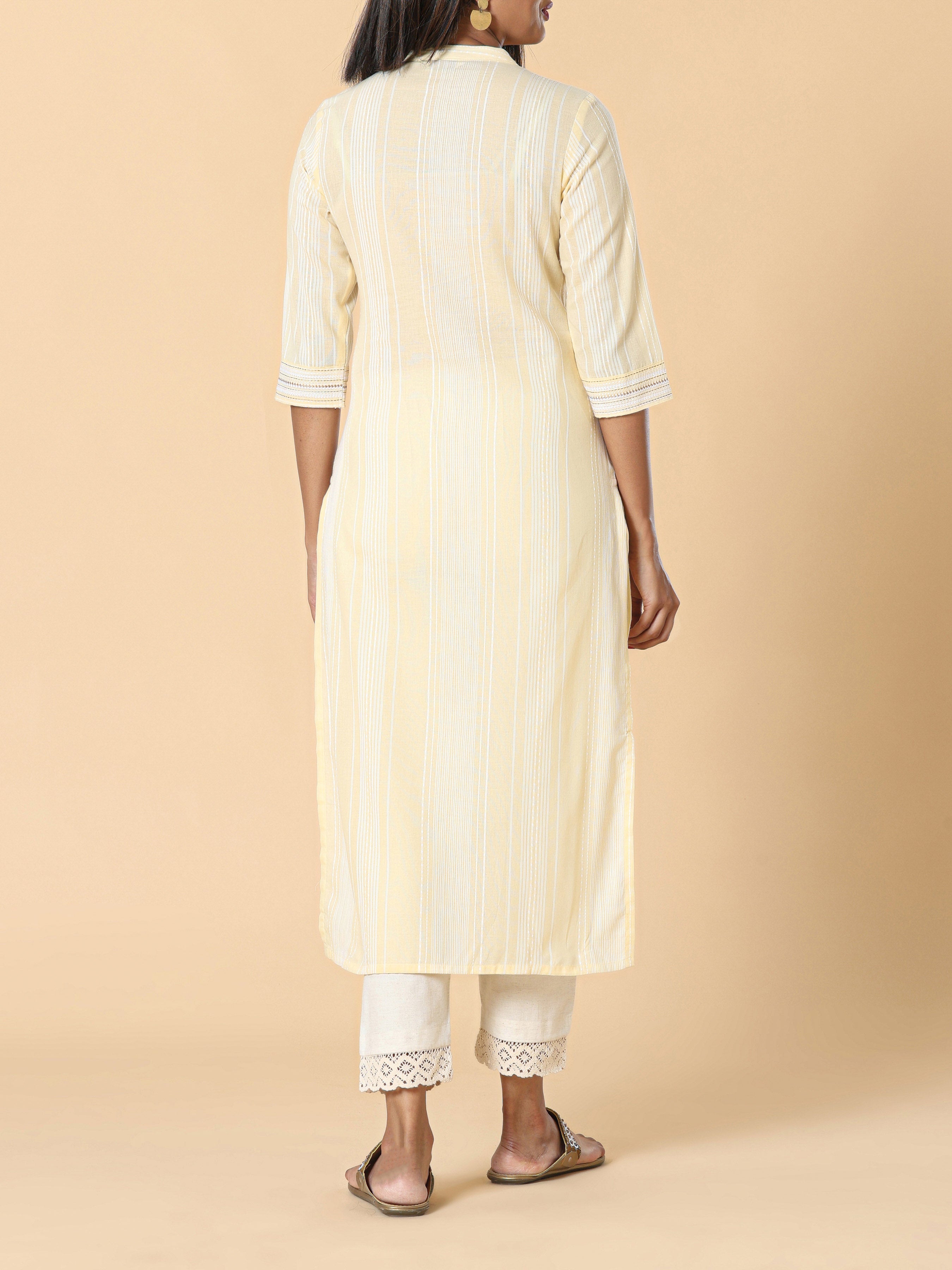 Pale Yellow Cotton Dobby Kurti With Embroidery