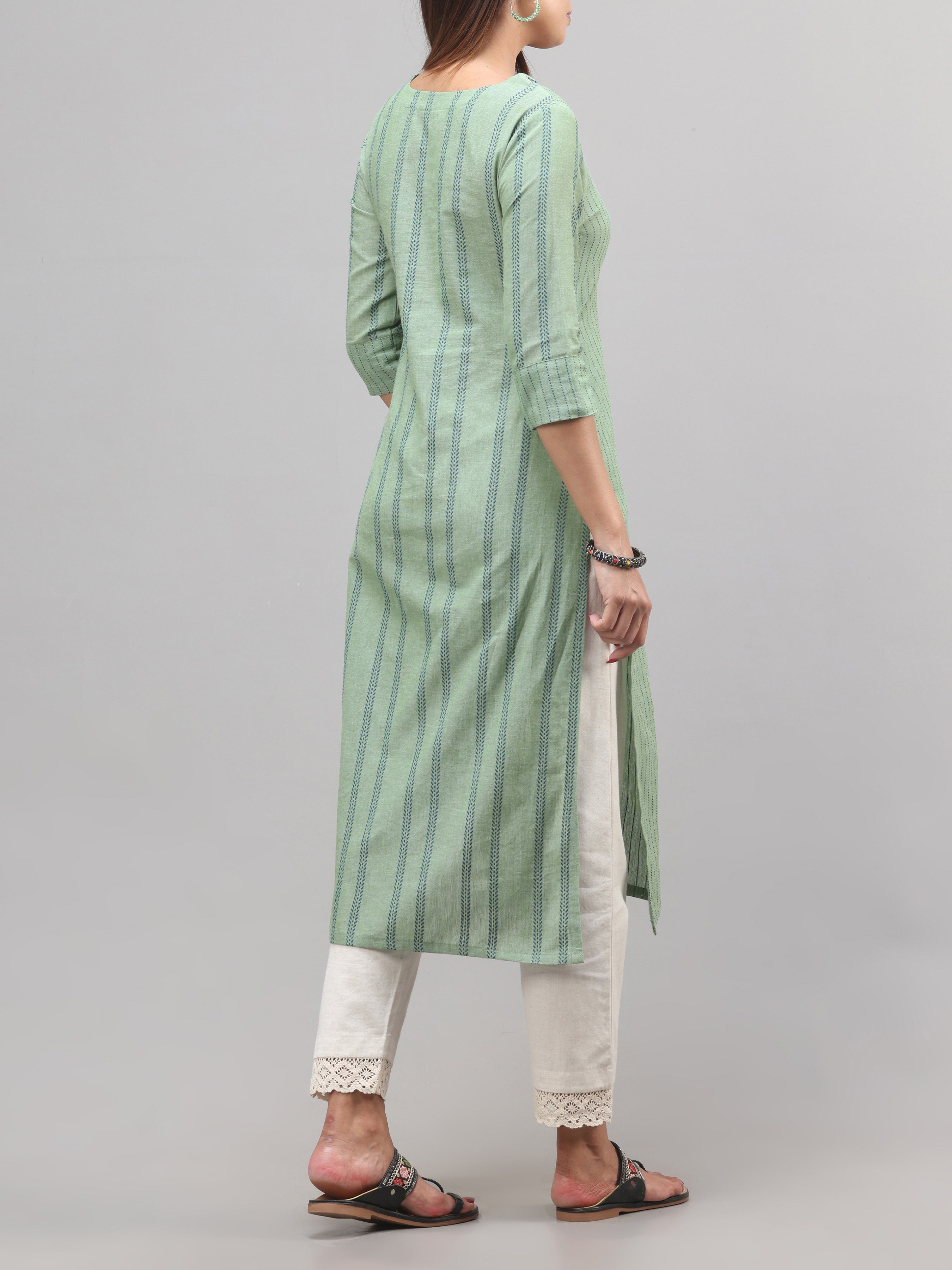 Sage Green Cotton Dobby Kurti With Embroidery