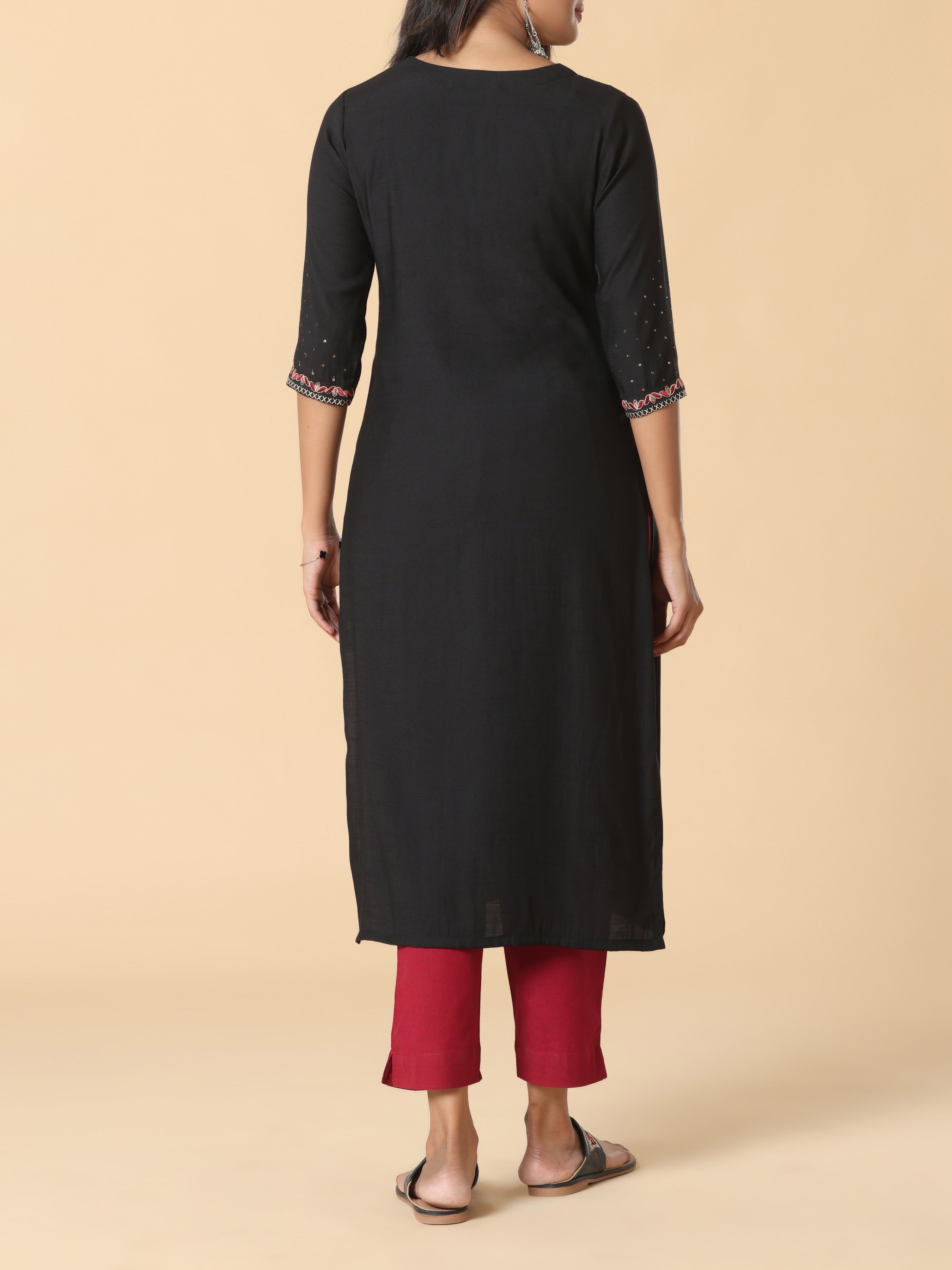 Black Viscose Plain Kurti With Embroidery
