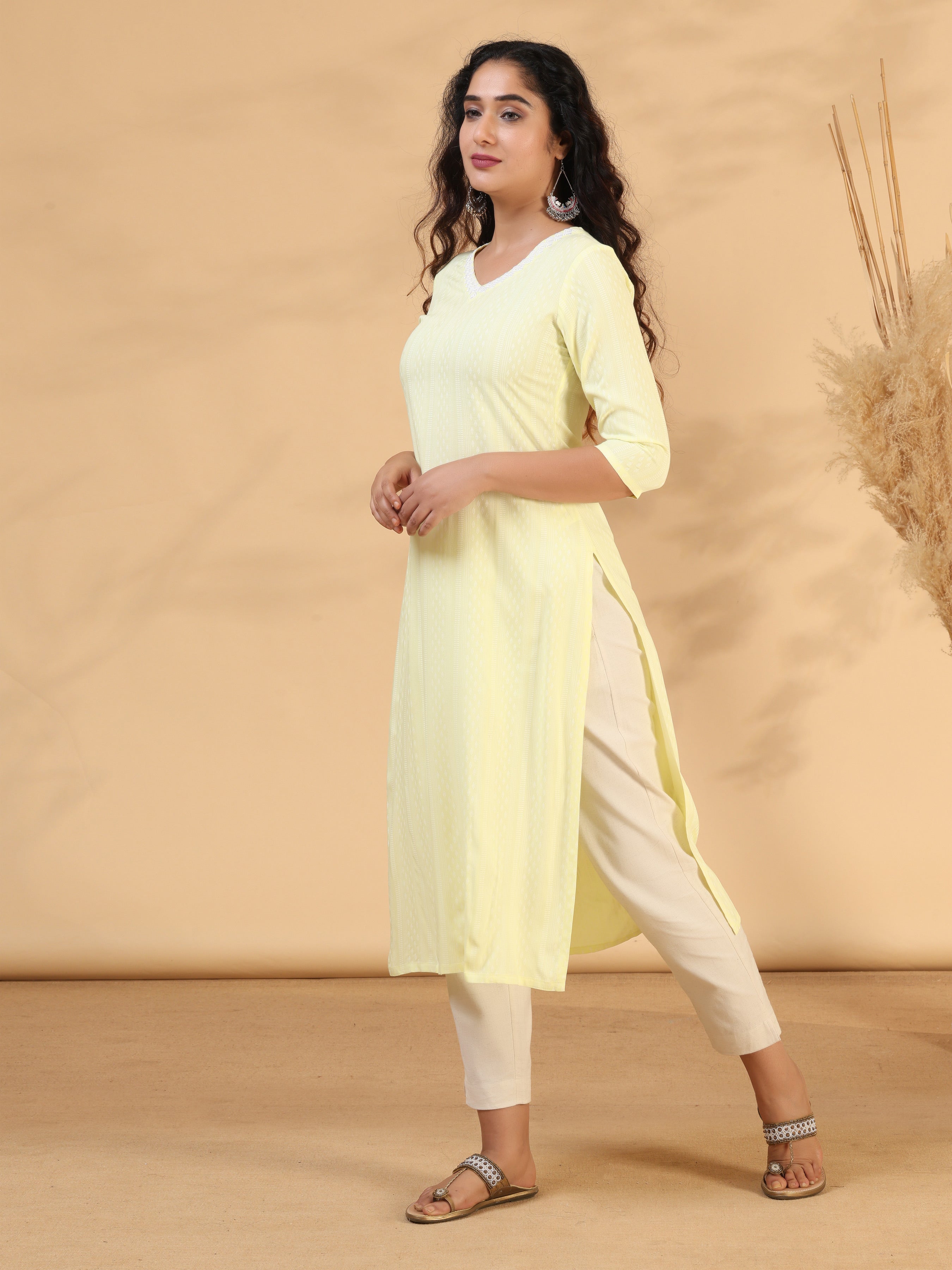 Lemon Yellow Rayon Kurti With Embroidery