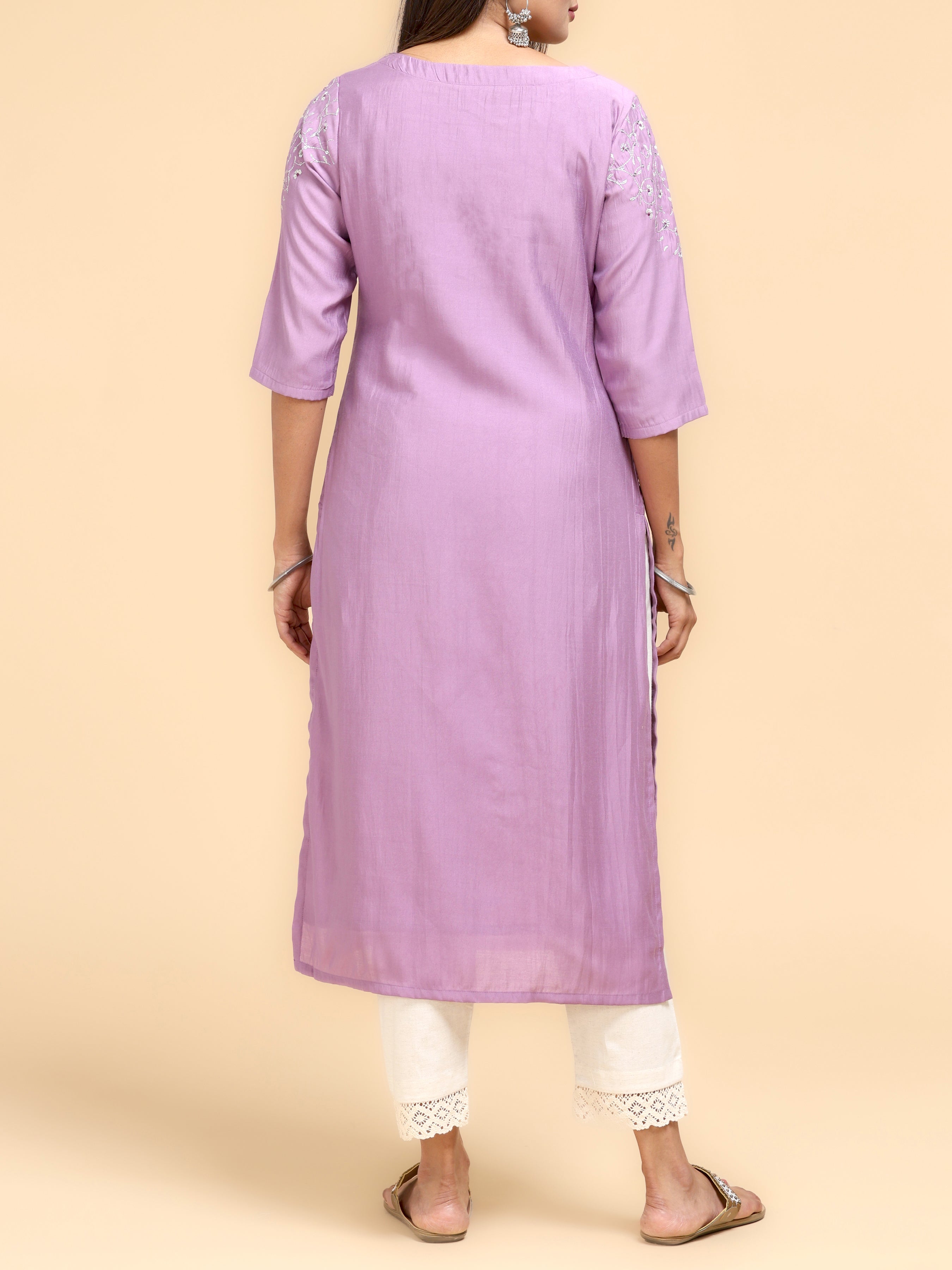 Light Purple Modal Chanderi Kurti With Embroidery And Hand Work