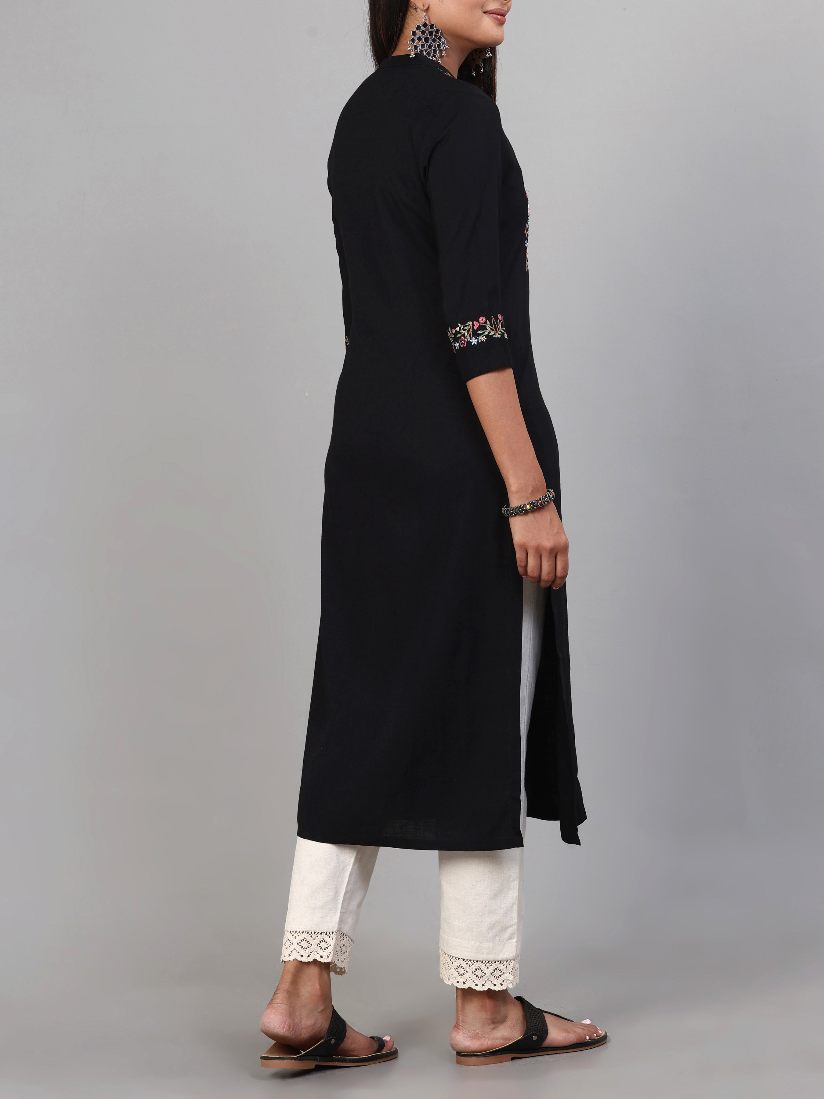 Black Viscose Slub Kurti With Sequins Work