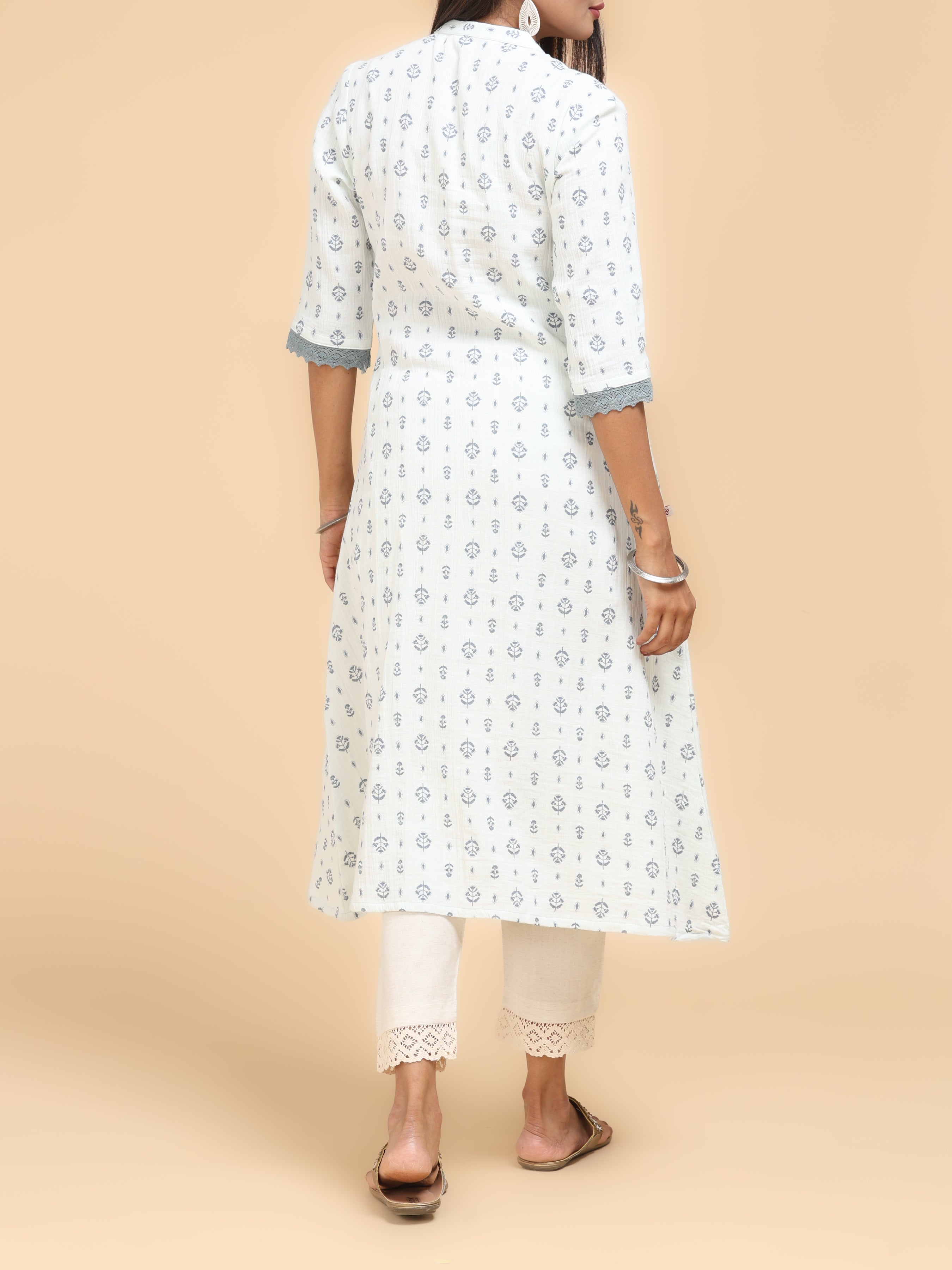 Off White Cotton Printed Kurti With Lace Detailing