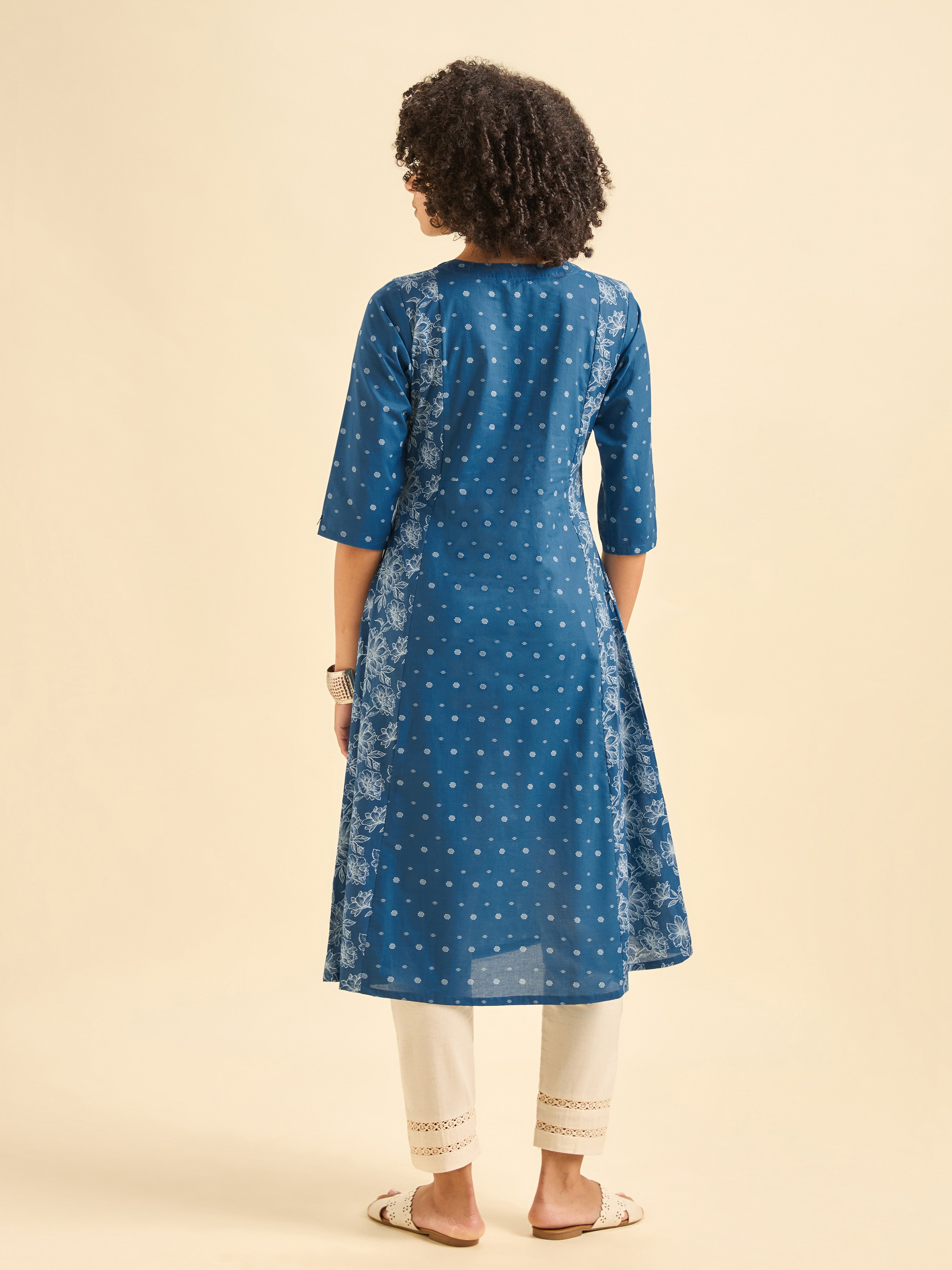 Royal Blue Cotton Printed Flared Kurti